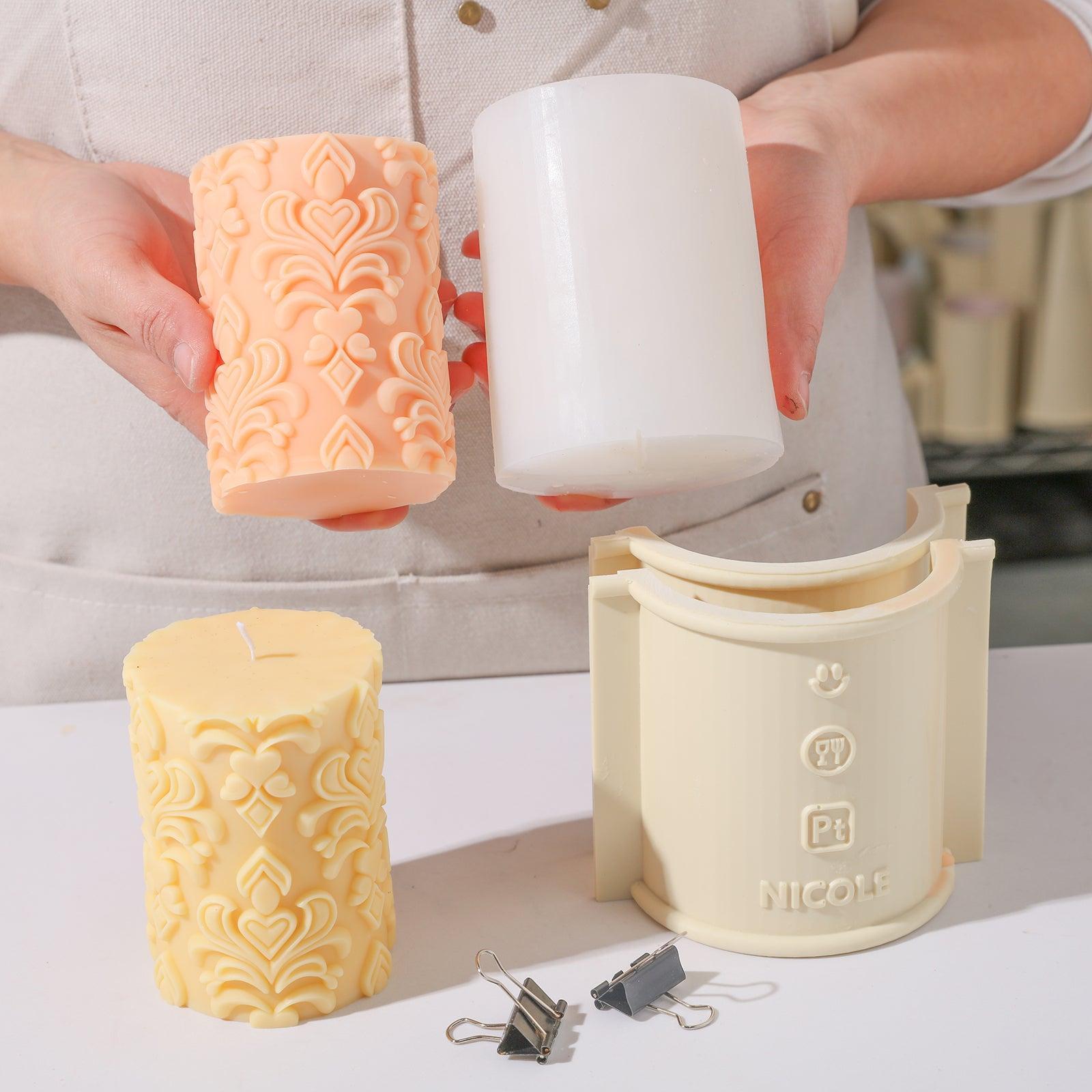 Vibrant pink relief pattern pillar candle demolding perfectly.