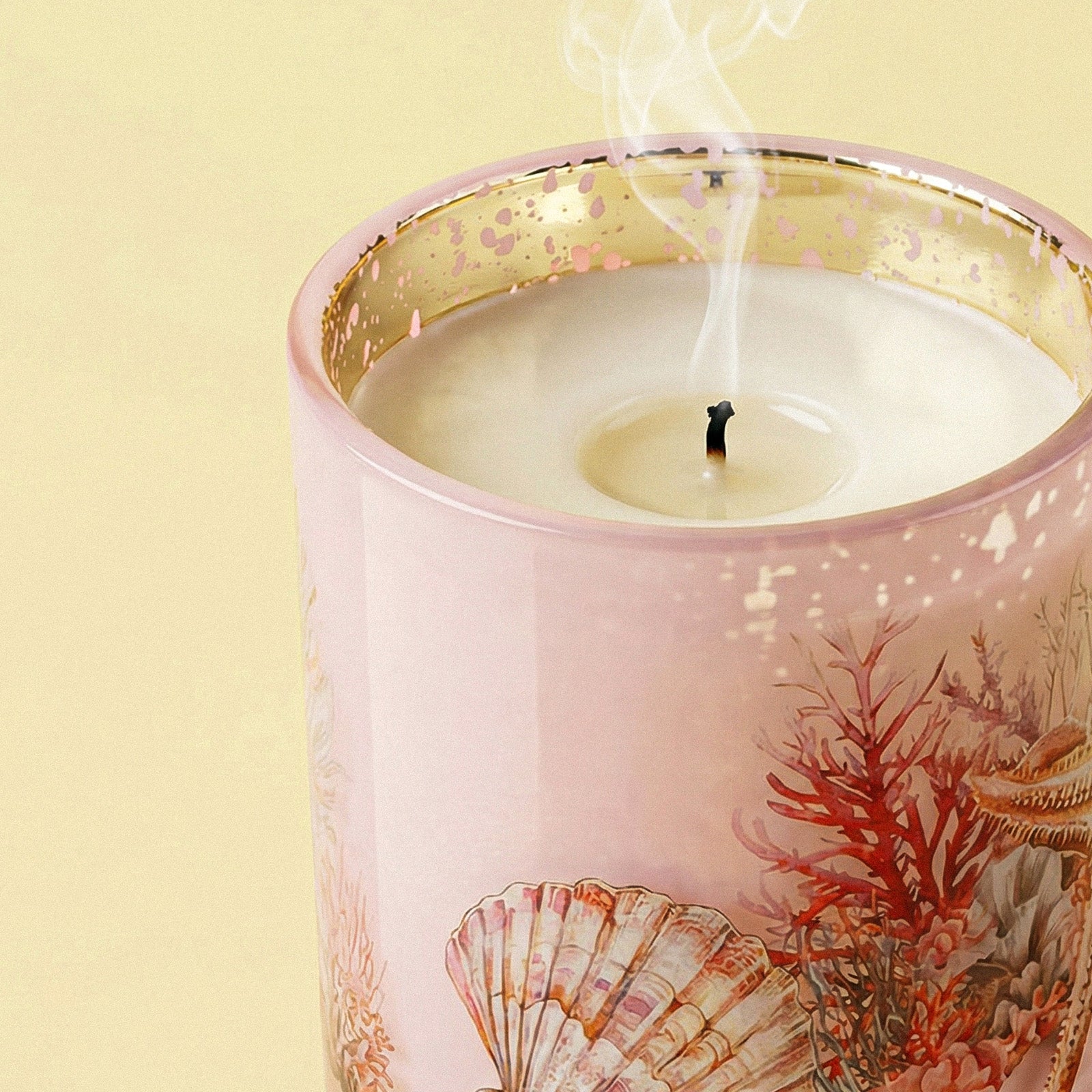 Close-up of Smoldered Wick on Pink Underwater Coral Seashell Printed Gold Plated Glass Candle Vessel - Boowan Nicole