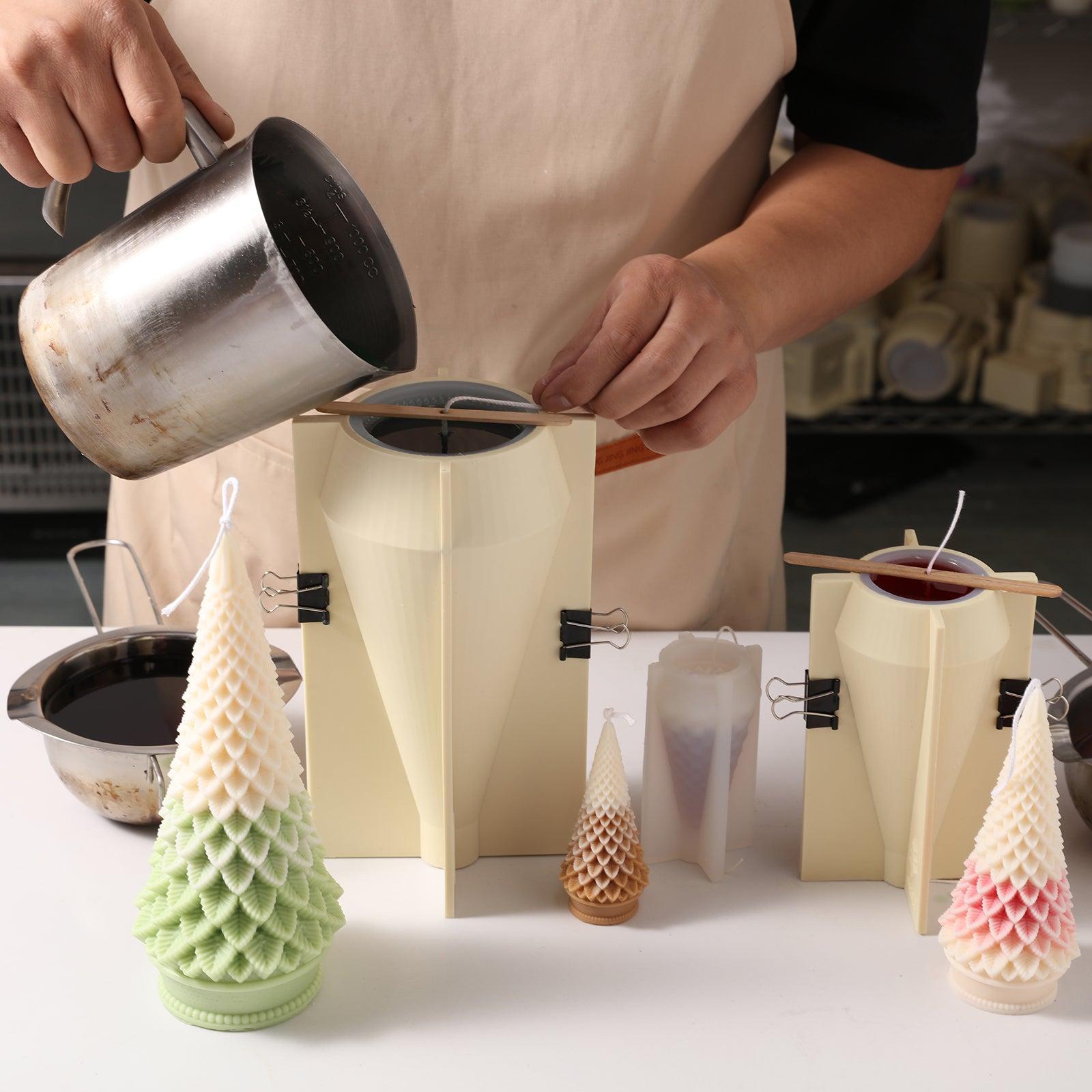 Pour liquid wax into silicone molds to make Christmas tree candles-Boowan Nicole