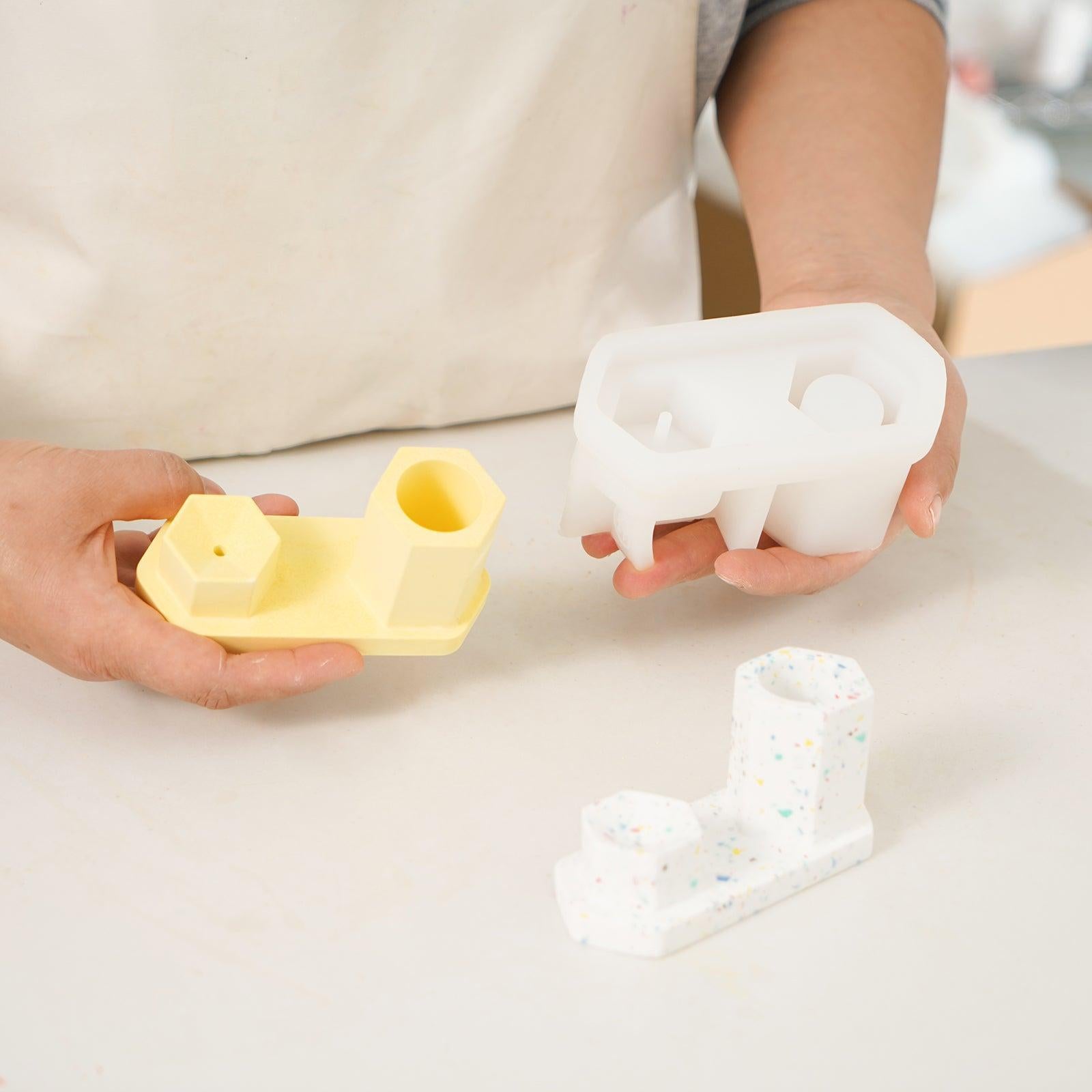 Handheld Display Yellow Hexagon Incense Holder and White Silicone Mold - Boowan Nicole