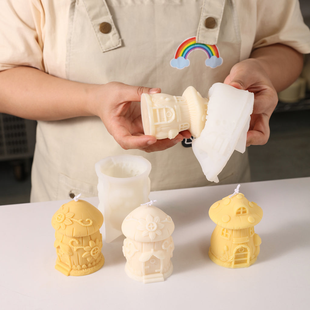 White Mushroom House candle comes out of a silicone mold, designed by Boowan Nicole.