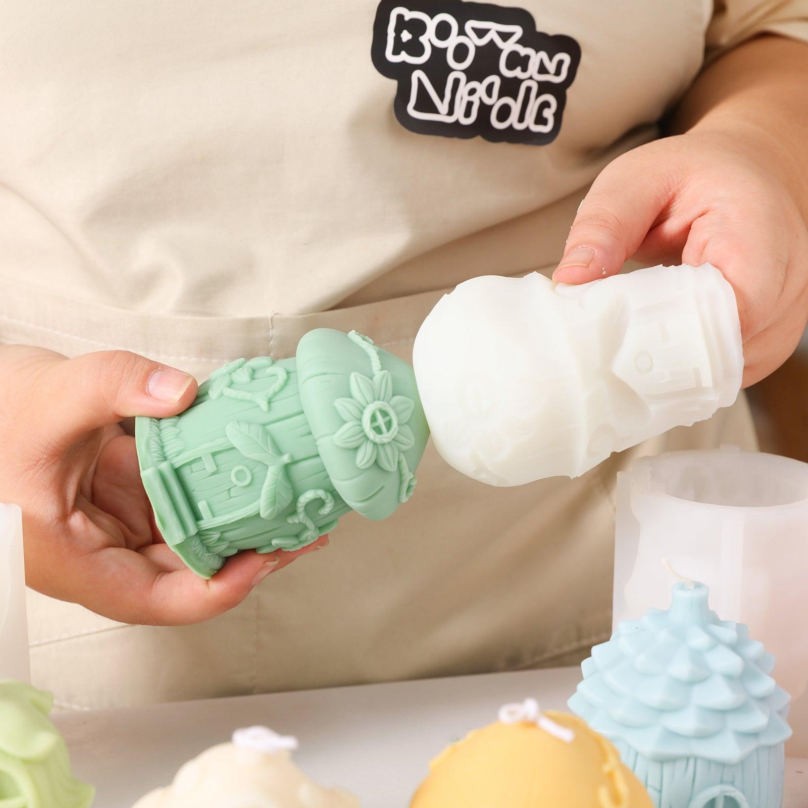 Green Miniature Mushroom House Candle emerges from silicone mold -Boowan Nicole