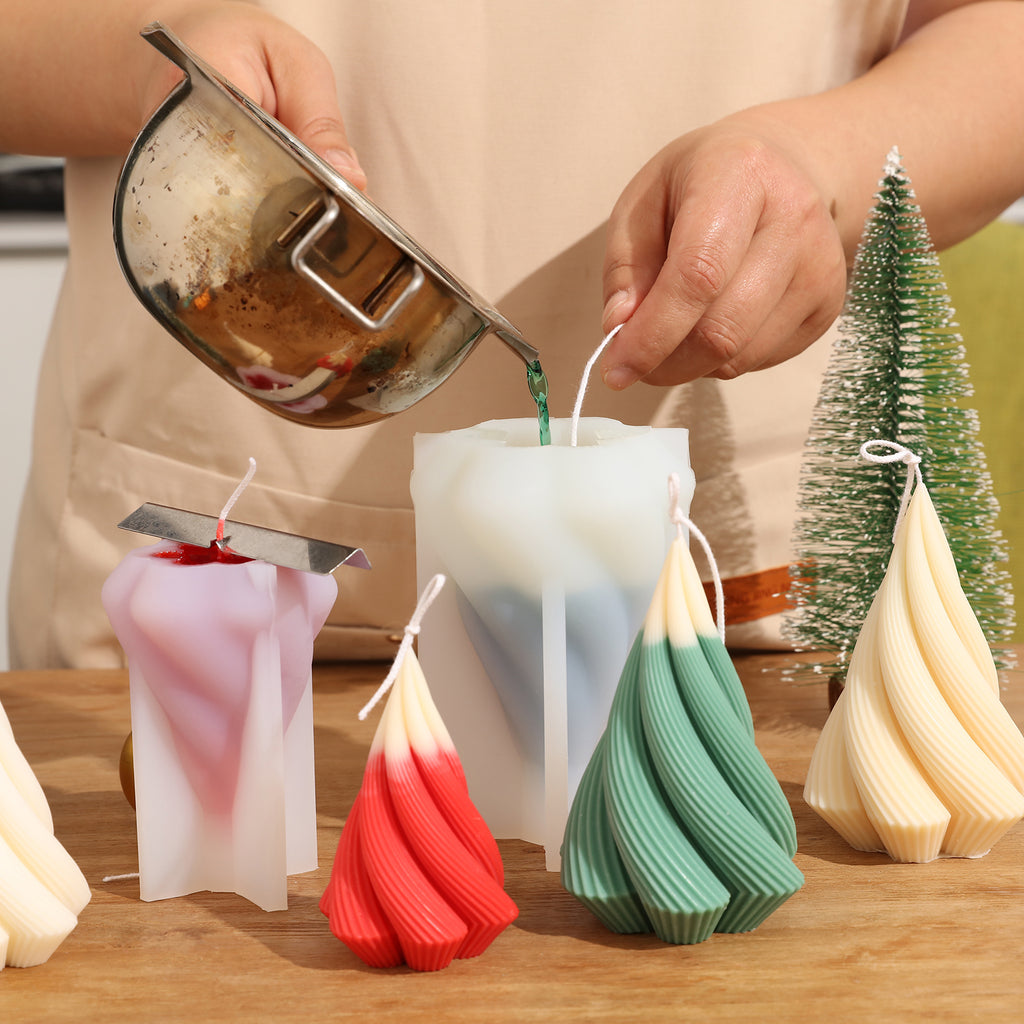Pour the green wax liquid into the Spiral Christmas Tree Candle silicone mold-Boowan Nicole