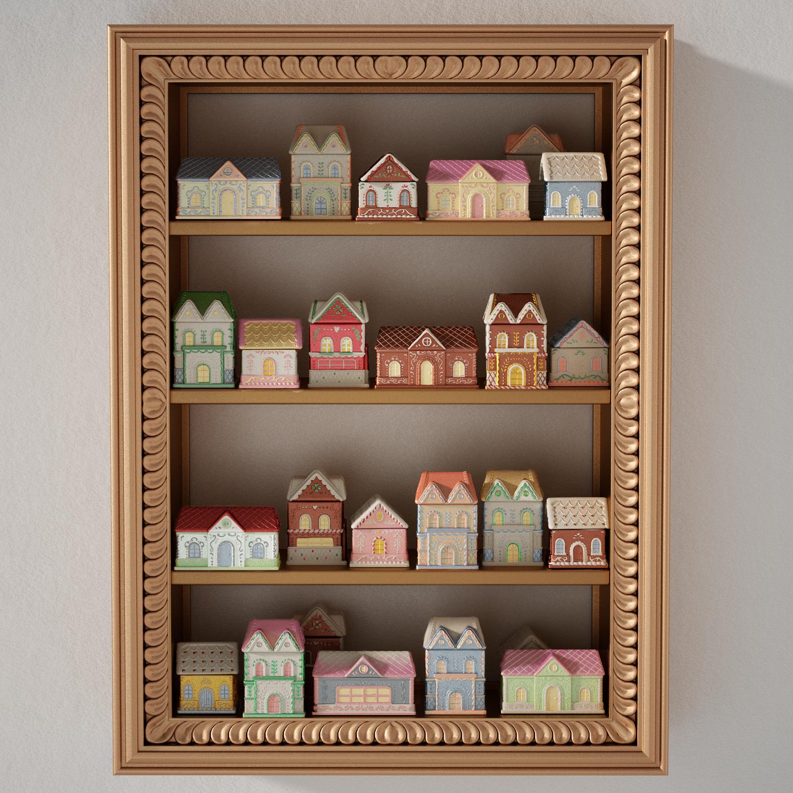 Wooden shelf with hand-painted gingerbread house candle jars in pastel mica finishes for Christmas decor - Boowan Nicole