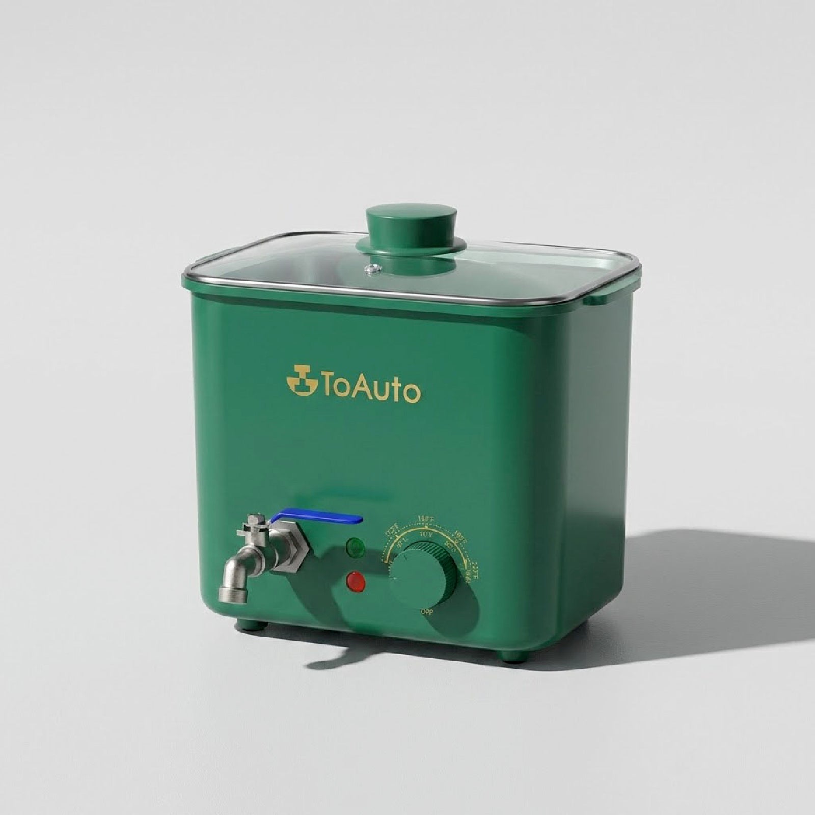 ToAuto green 4L electric wax melting pot with temperature adjustment knob, anti-clog tap and transparent glass lid candle making equipment plain background product shot - Boowan Nicole