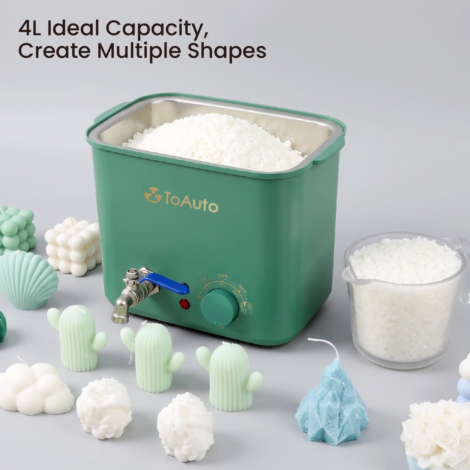 4L capacity green wax melter filled with soy wax pellets surrounded by various handmade silicone mold candles home candle craft supplies display - Boowan Nicole