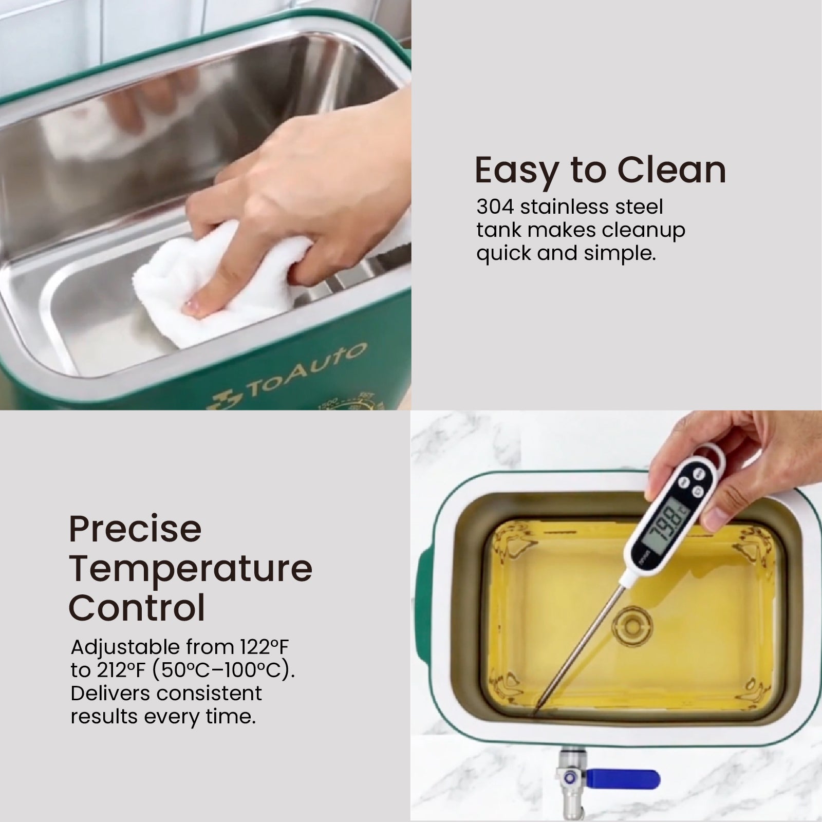 Heated anti-clog spout close-up, melted wax flowing smoothly from insulated tap of electric candle wax melter avoid wax solidification blockage - Boowan Nicole