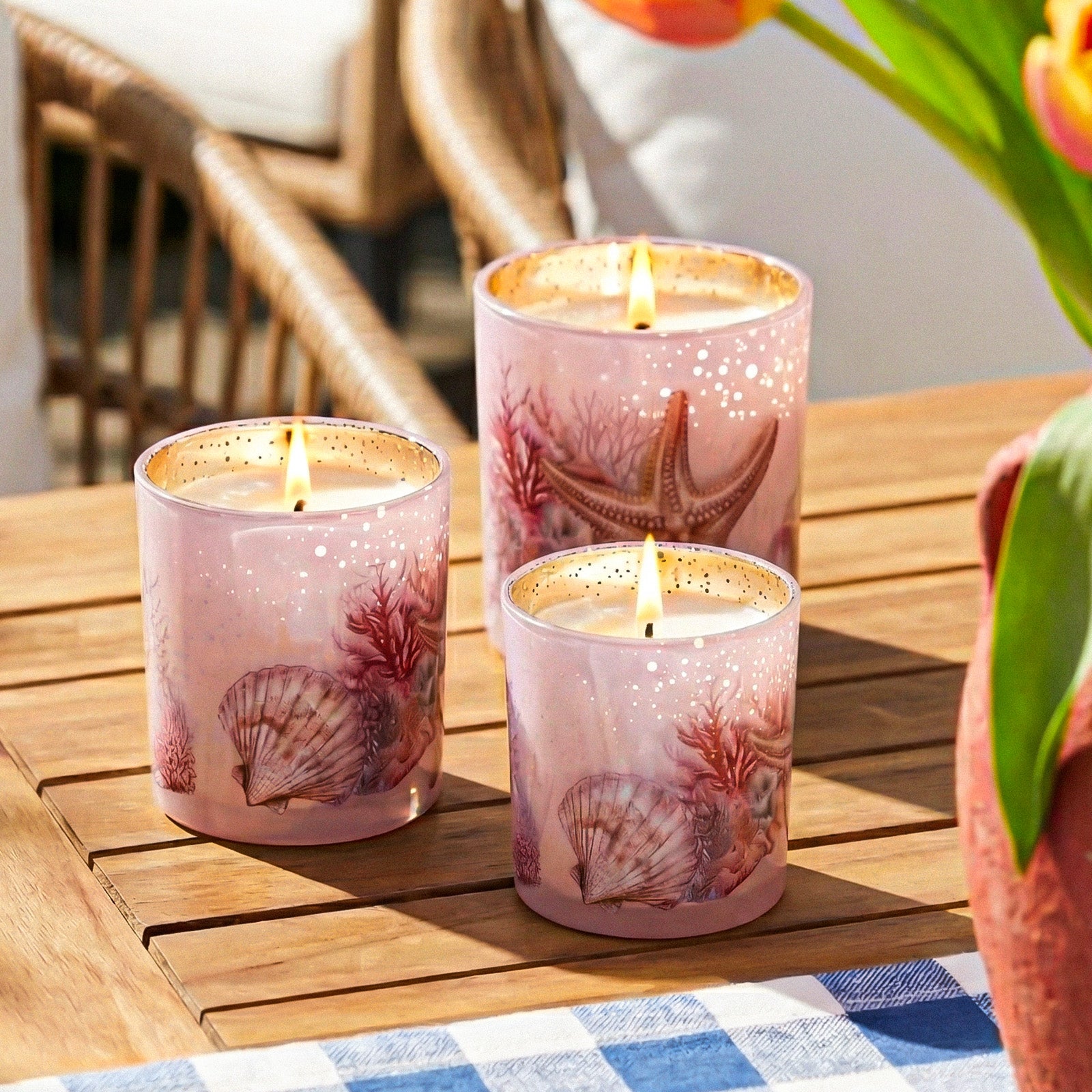 Three Sizes of Burning Pink Marine Pattern Gold Speckle Candle Jars on Outdoor Wooden Table with Fresh Tulips - Boowan Nicole