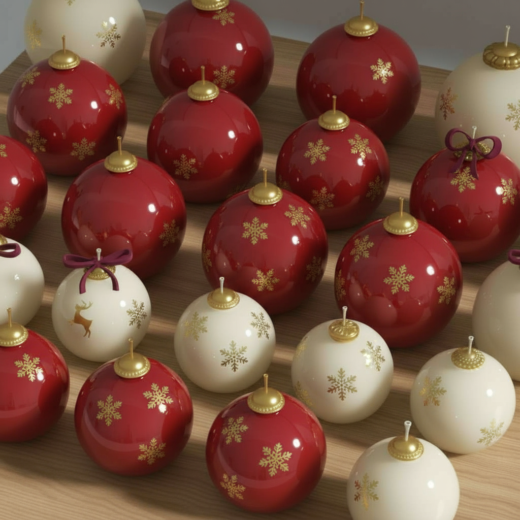 Red and ivory glossy Christmas bauble candles with gold snowflake decals and gold caps, mixed sizes on a wooden display—one with a bow and reindee - Boowan Nicole