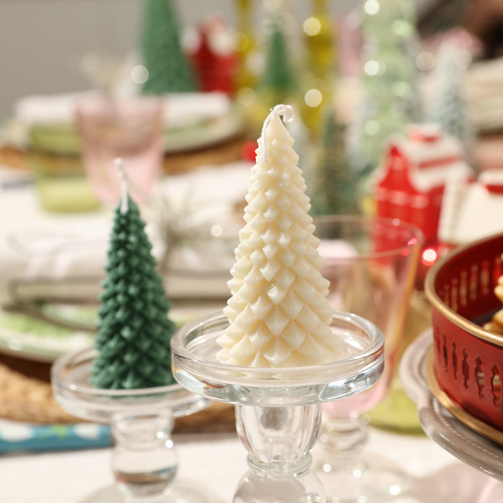 White Christmas pine candles placed in crystal candle holders on the dining table - Boowan Nicole