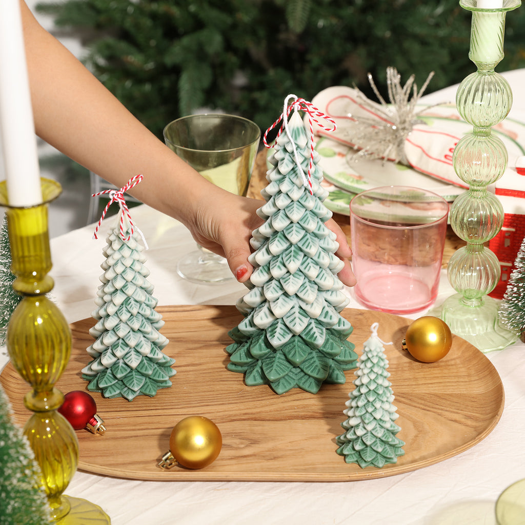 8.5-inch Christmas pine candle placed in tray with Christmas-inspired decorations - Boowan Nicole