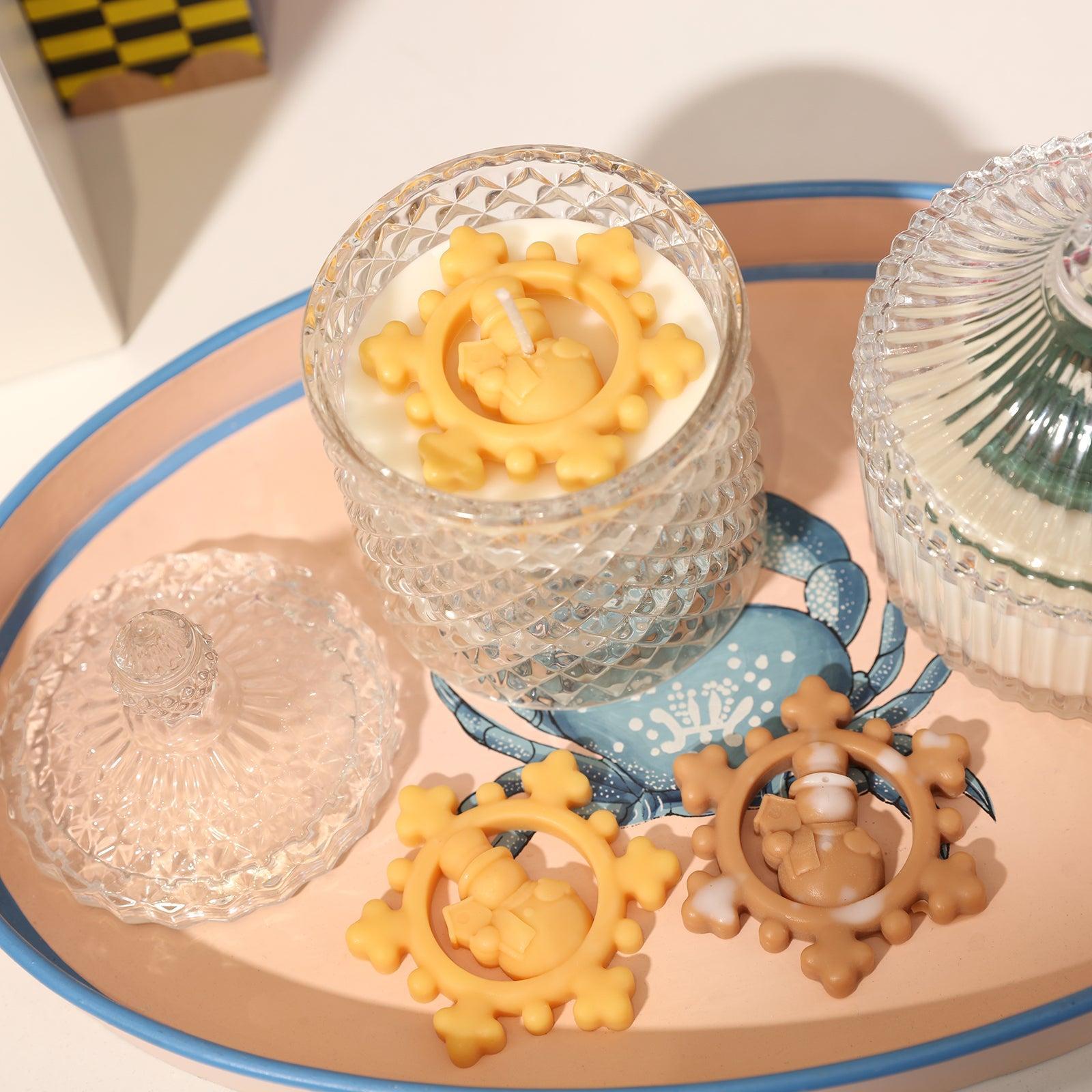 Yellow crystal snowman decoration on candle in candle jar - Boowan Nicole