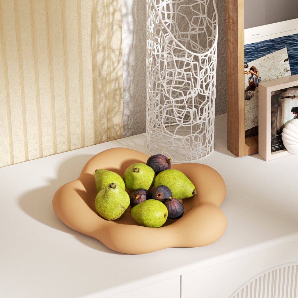 Large floral trays hold pears and figs.