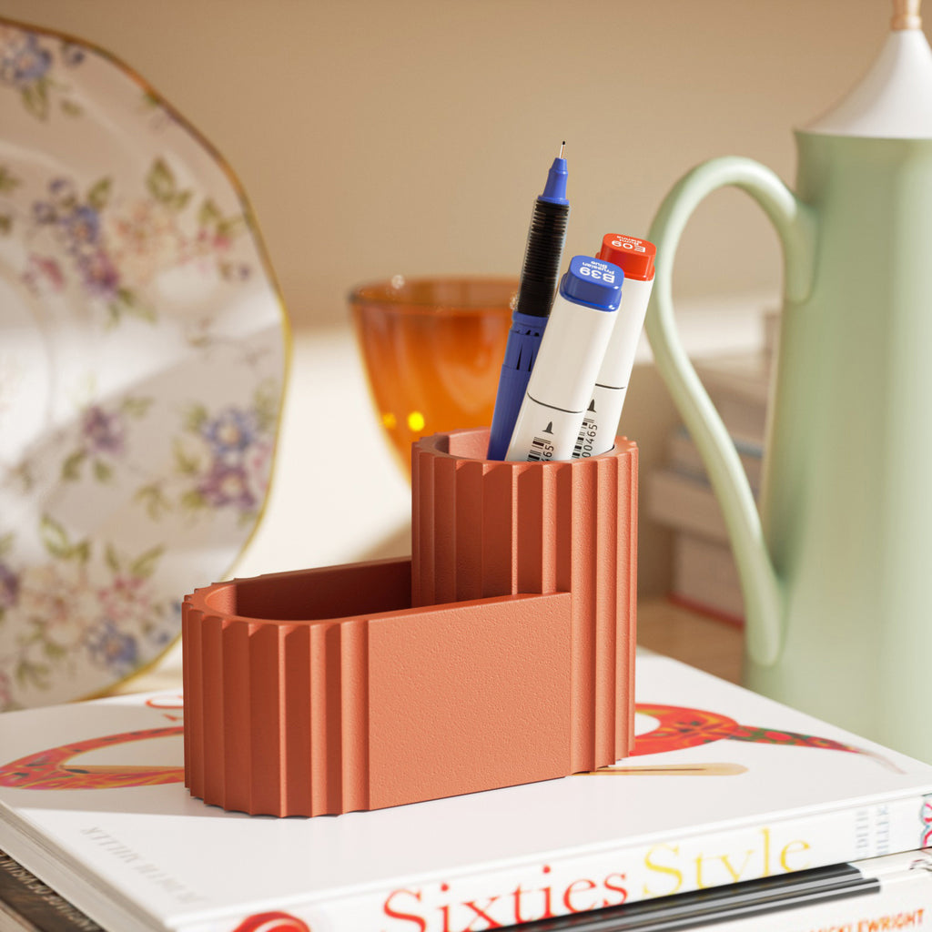 The brown Tall Pen Holder contains markers and rollers-Boowan Nicole