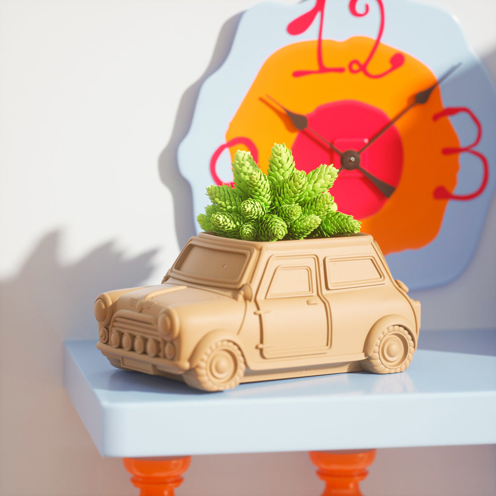Retro car-shaped plant pots with plants planted on them are placed on the shelves-Boowan Nicole