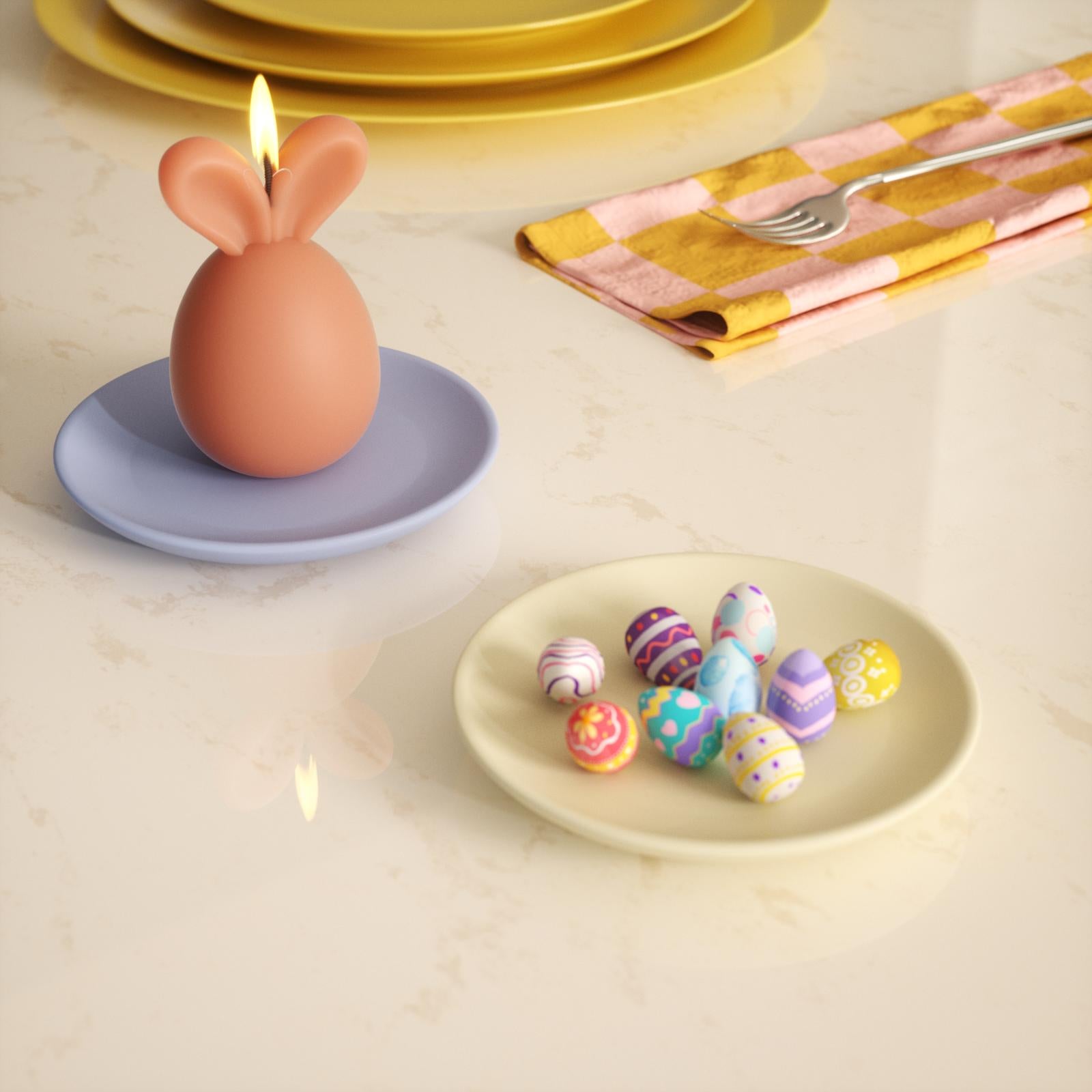Easter eggs arranged in a blue round tray.