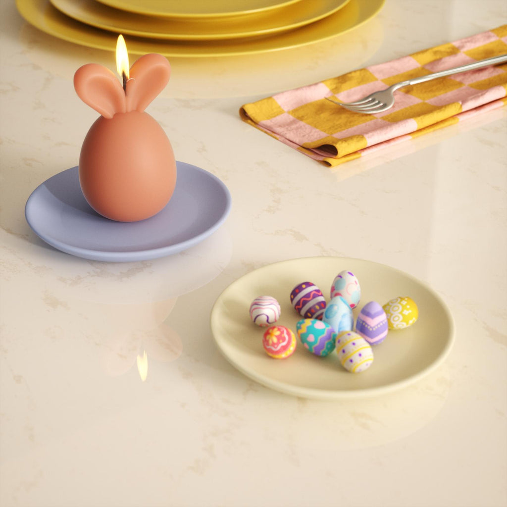 Easter eggs arranged in a blue round tray.