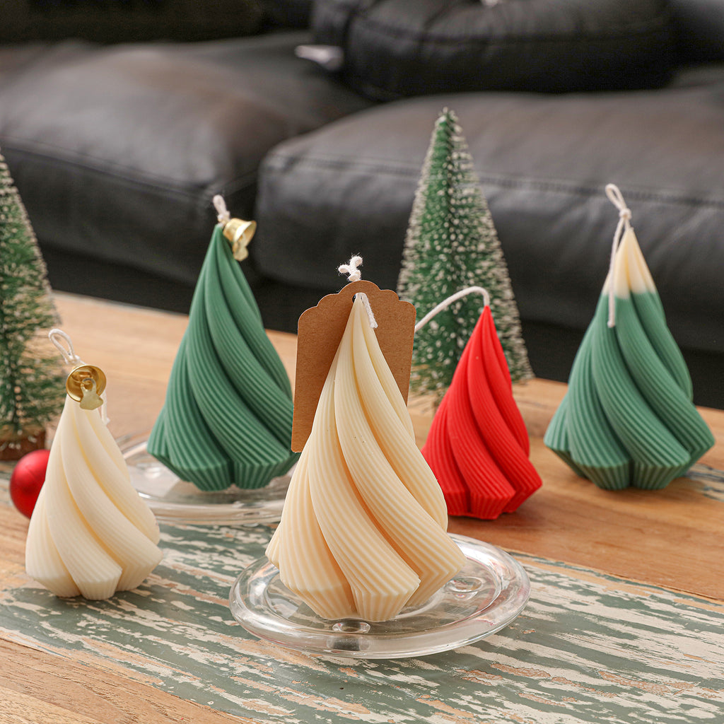 Spiral Christmas Tree Candles of different colors are placed on the table-Boowan Nicole