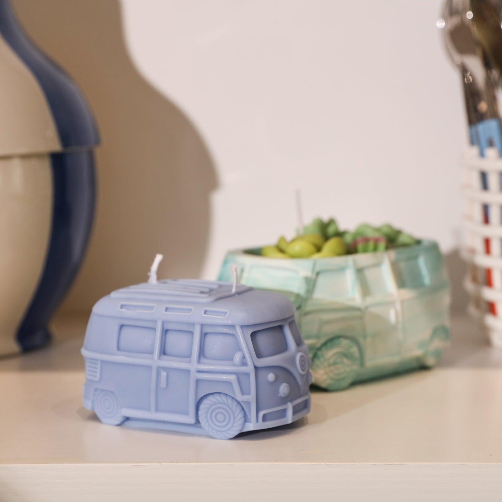Kombi Vintage Camper Van Candle in Blue on Tabletop - Boowan Nicole