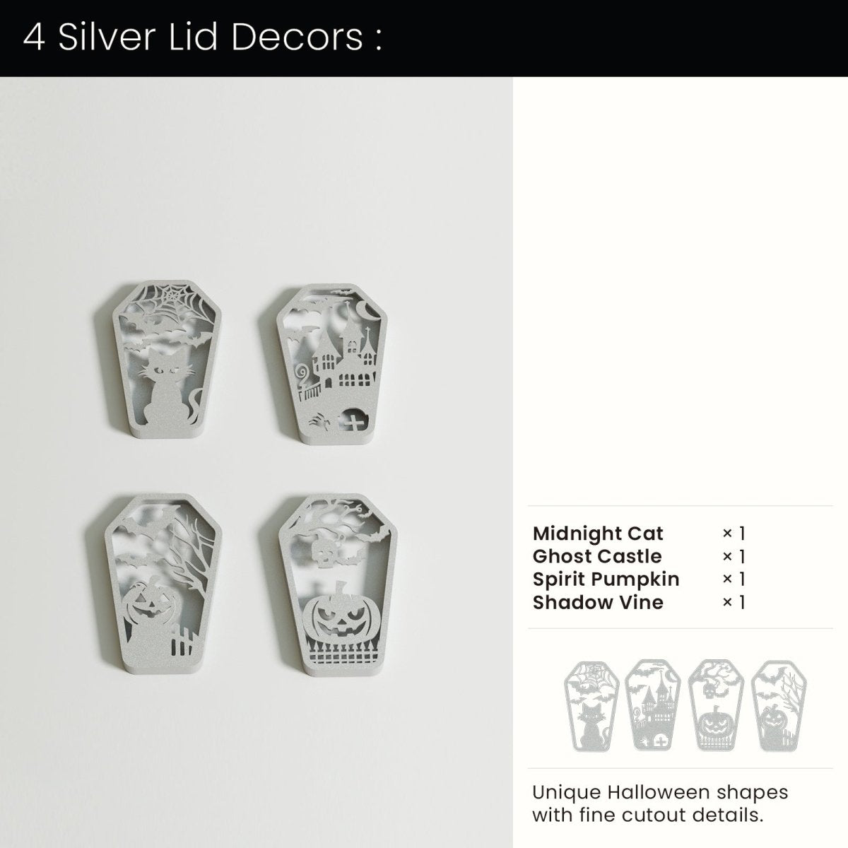 Buy 4 Silver Lid Decors : Midnight Cat & Ghost Castle & Spirit Pumpkin & Shadow Vine