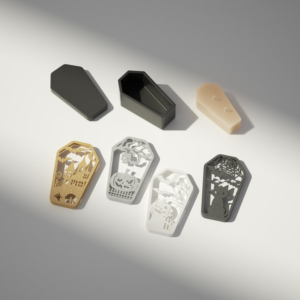 Set of Halloween-themed coffin candle molds with interchangeable spooky lid designs, including haunted house, pumpkin, skull tree, and black cat - Boowan Nicole