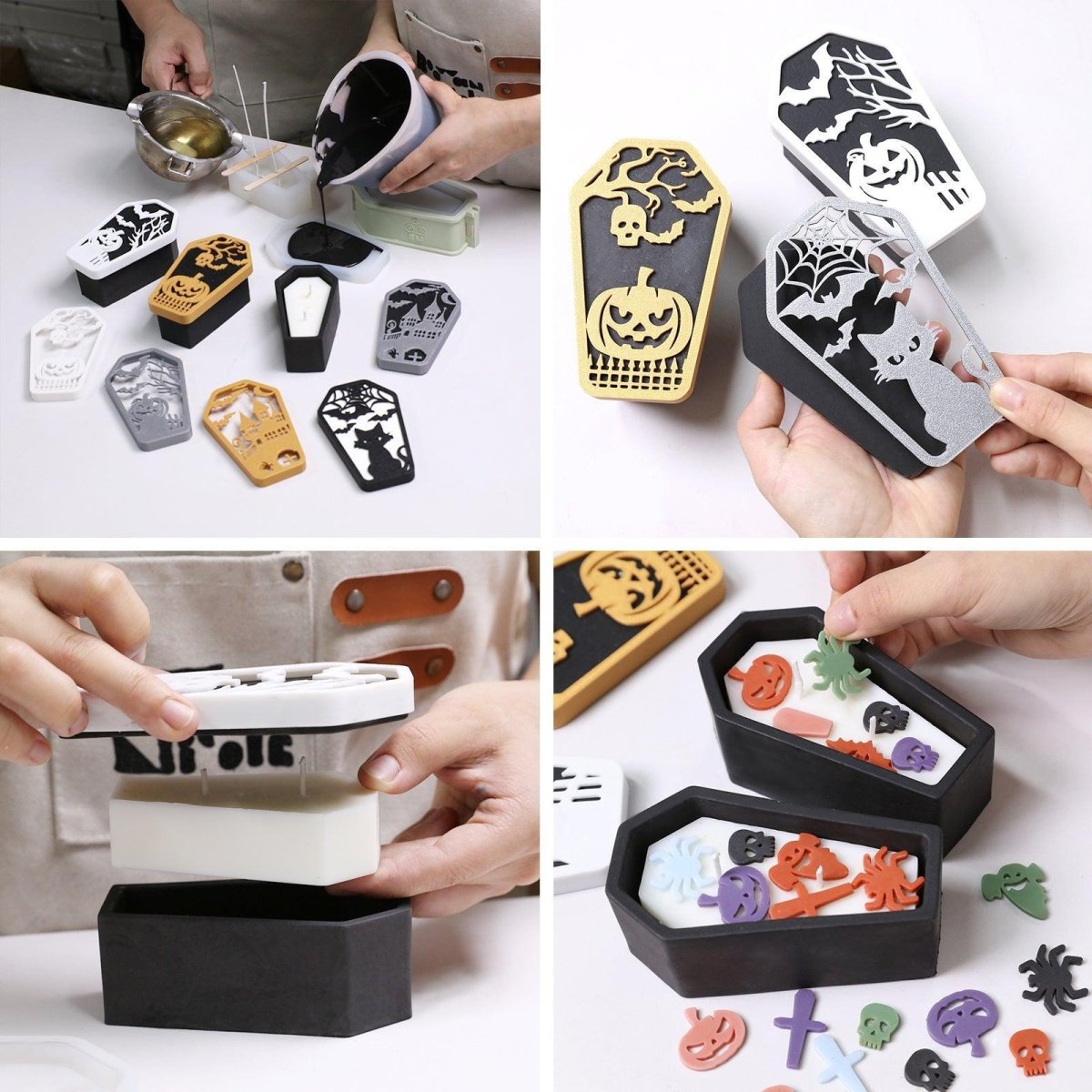 Step-by-step Halloween coffin candle making with spooky themed molds, colorful embeds, and interchangeable lid designs - Boowan Nicole