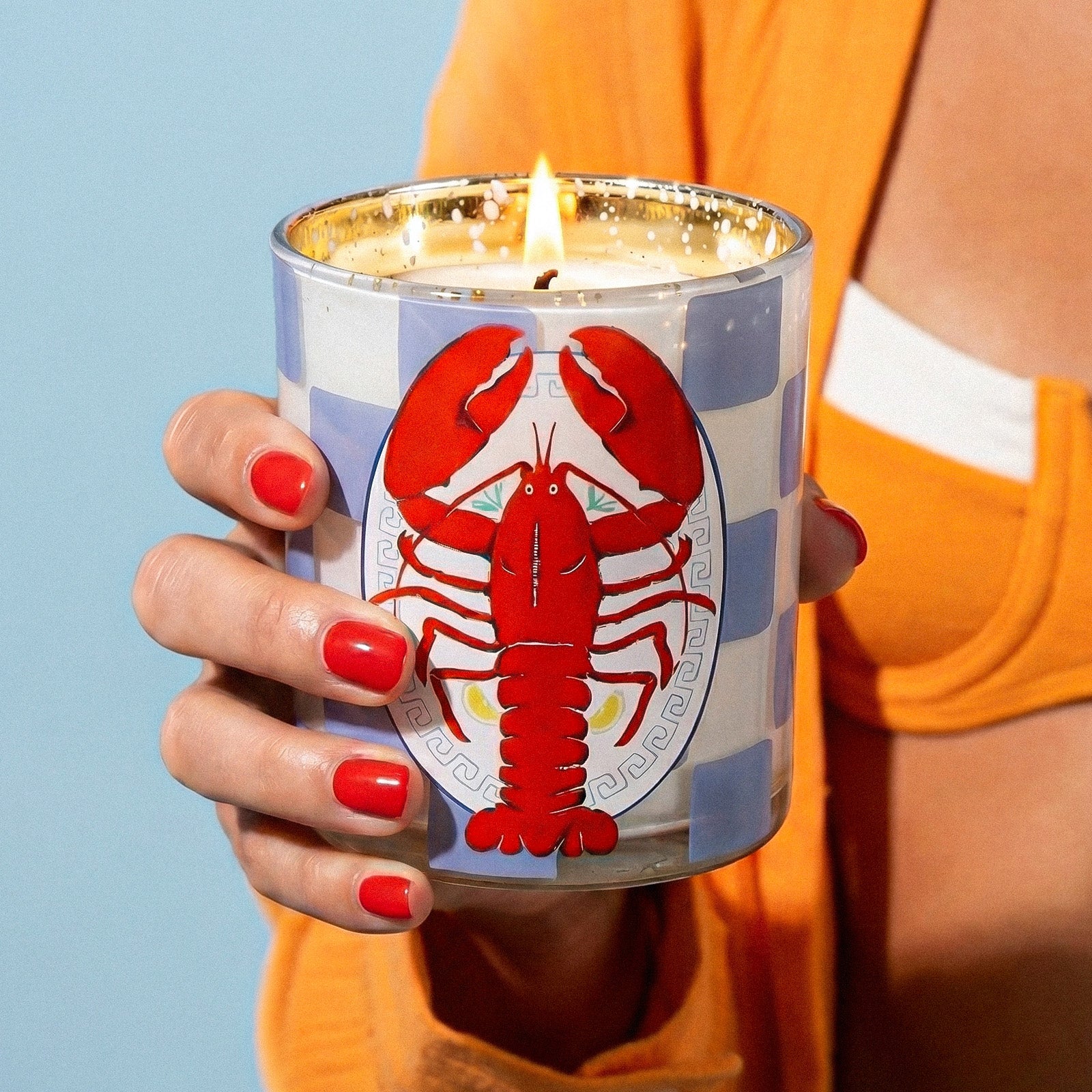 Hand Holding Lit Blue Check Red Lobster Printed Gold Electroplated Glass Candle Jar - Boowan Nicole