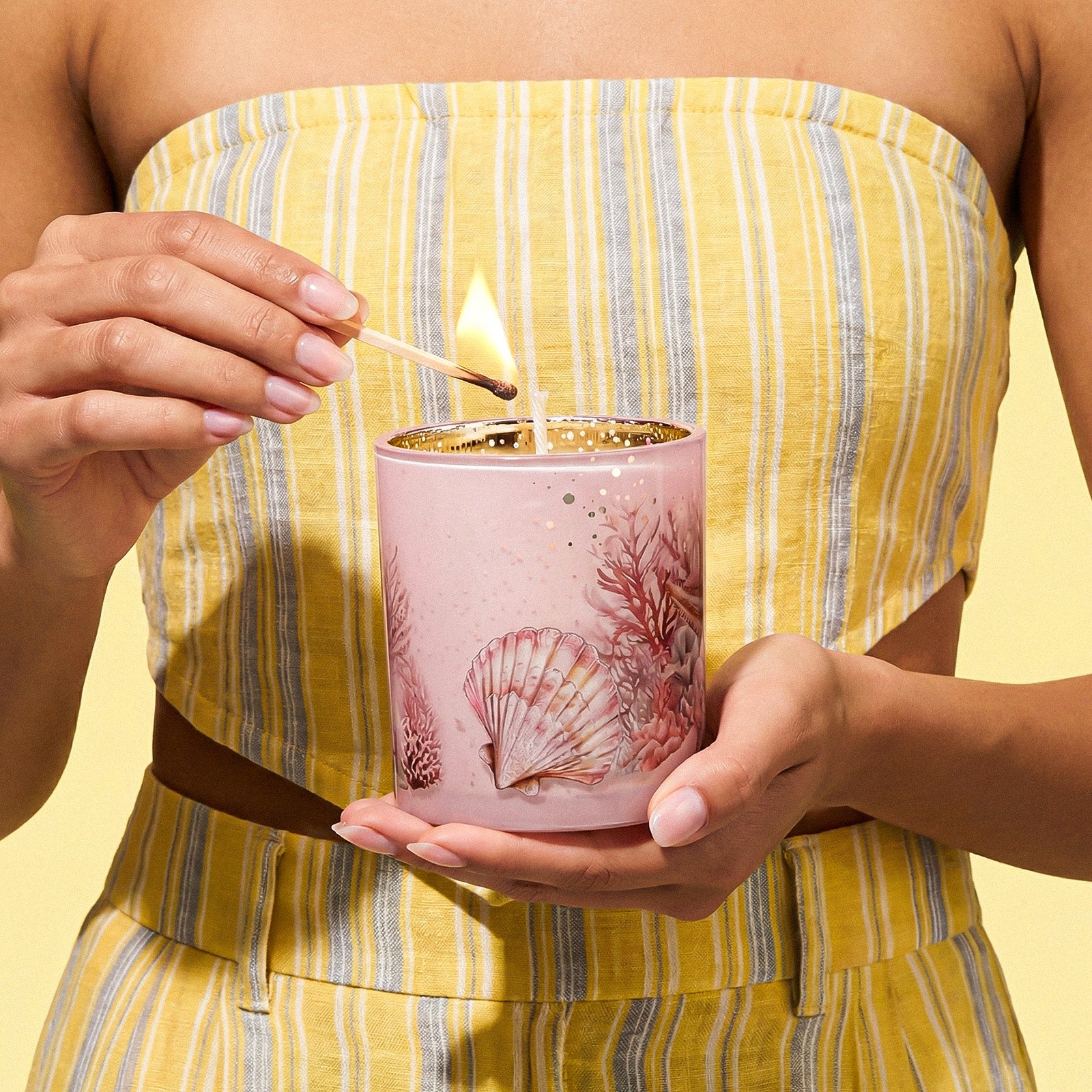 Hand Lighting Coastal Ocean Design Pink Gold Inner Glass Candle Cup with Wooden Matchstick - Boowan Nicole