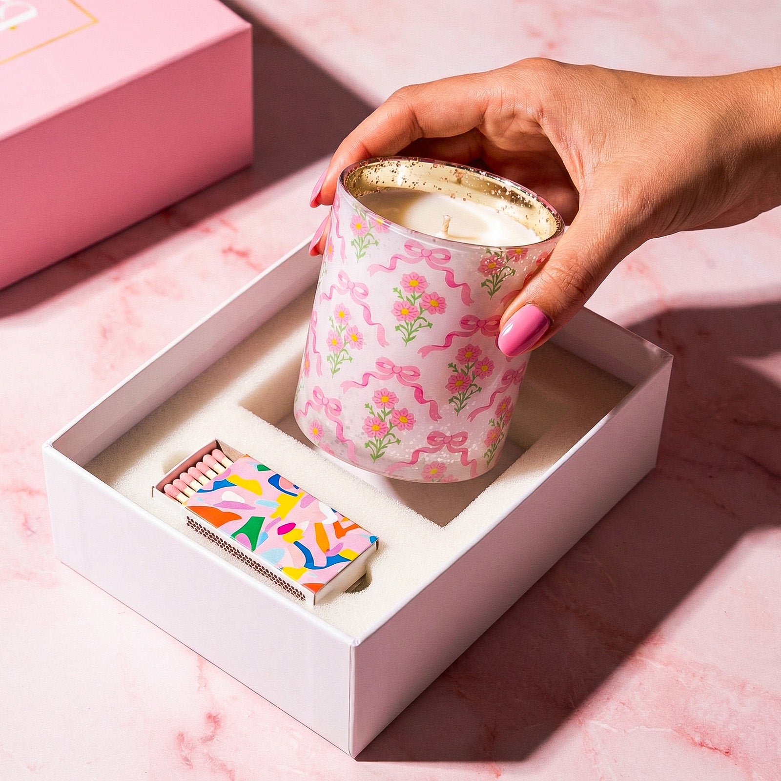 Single Floral Bow Scented Candle Placed Into Matching Pink Gift Box With Decorative Printed Matchbox - Boowan Nicole