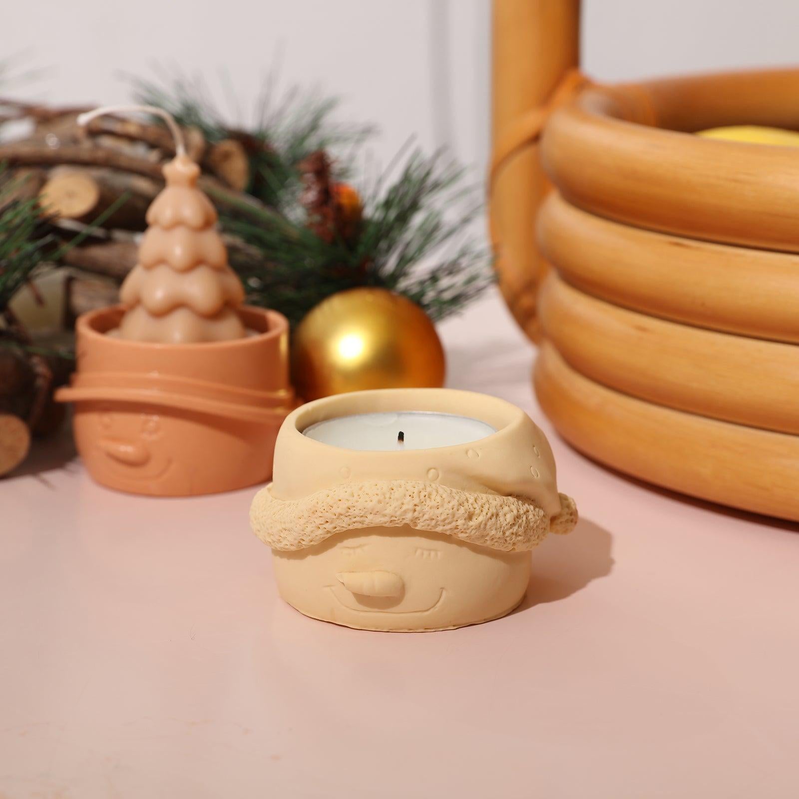 Yellow Christmas snowman tea light candle candle holder placed on the table as decoration-Boowan Nicole