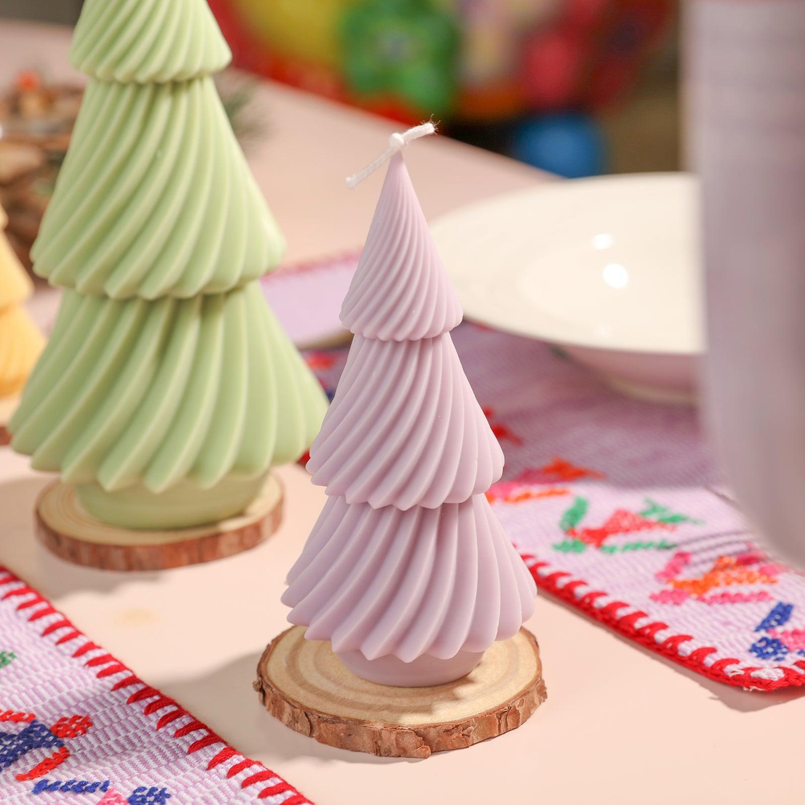 Purple 6.5-Inch Evergreen Christmas Tree Candle Placed on Log Tray on Dining Table - Boowan Nicole