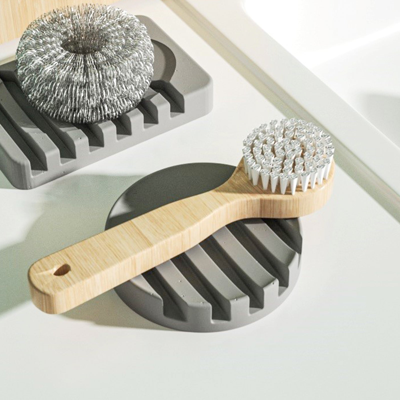 Placing soap on the soap dish while washing hands, showcasing the practical use of boowannicole's products.