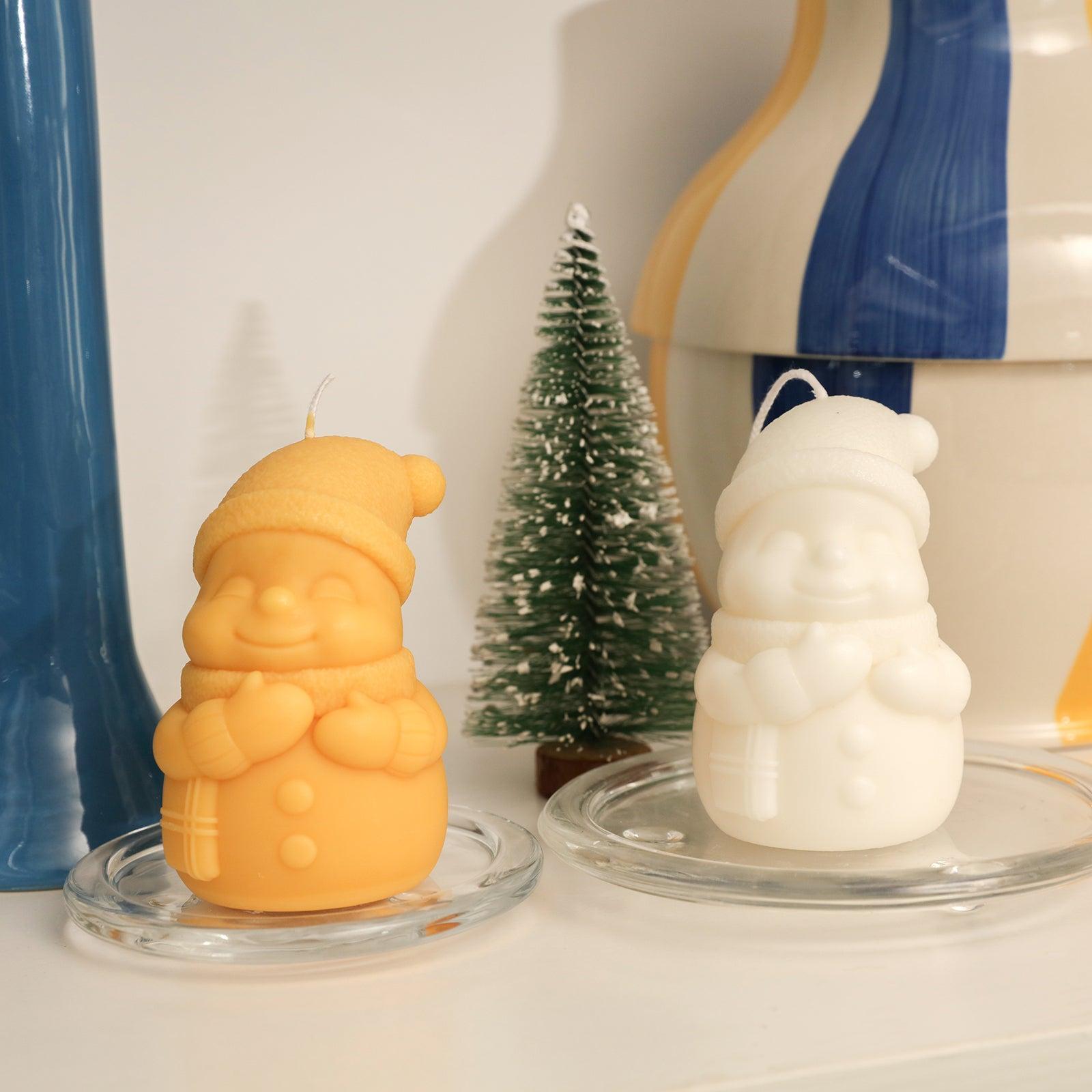 Yellow and White Hugging Snowy Friend Candle on Crystal Tray on Tabletop - Boowan Nicole