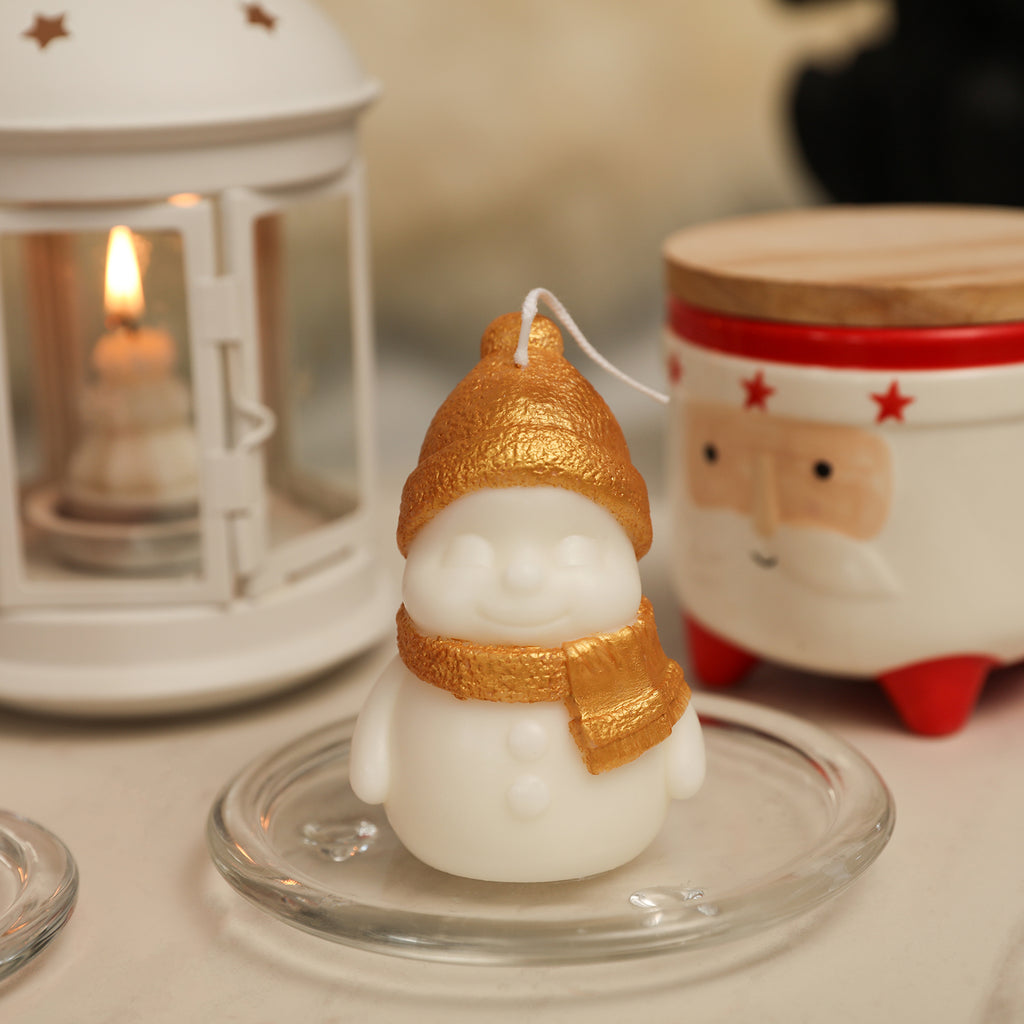  Smiling Snowy Friends Candle with gold mica powder brushed on hat and scarf -Boowan Nicole