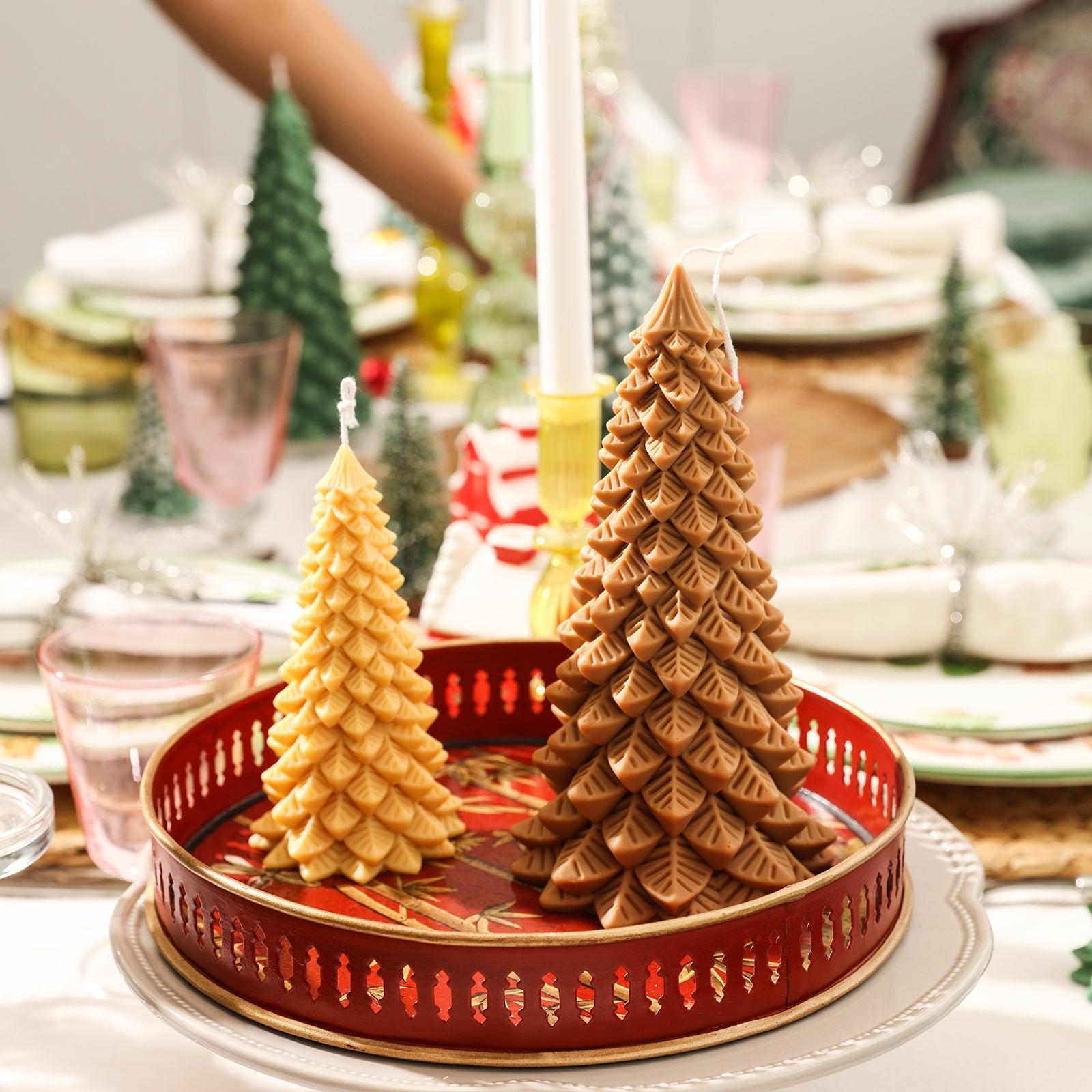Brown and yellow Christmas pine candles placed on a tray - Boowan Nicole