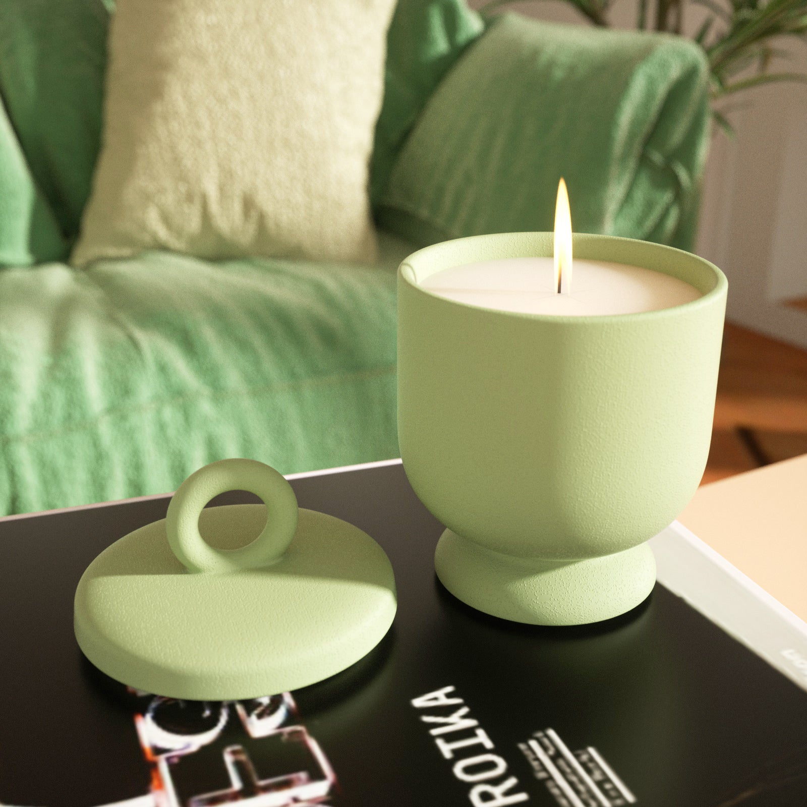 Candles in green Chalice Tall Candle Jar being lit - Boowan Nicole