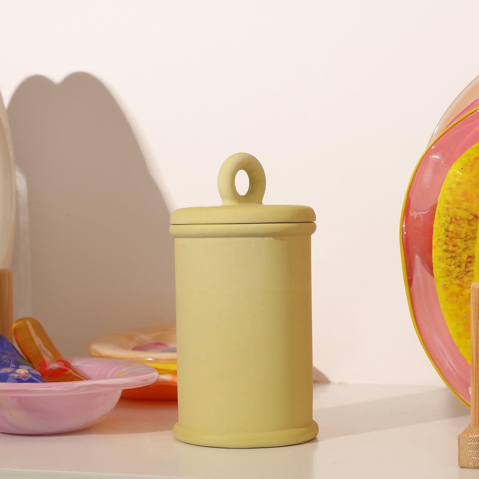 Yellow Cylinder Tall Candle Jar with ring lid placed on the table-Boowan Nicole
