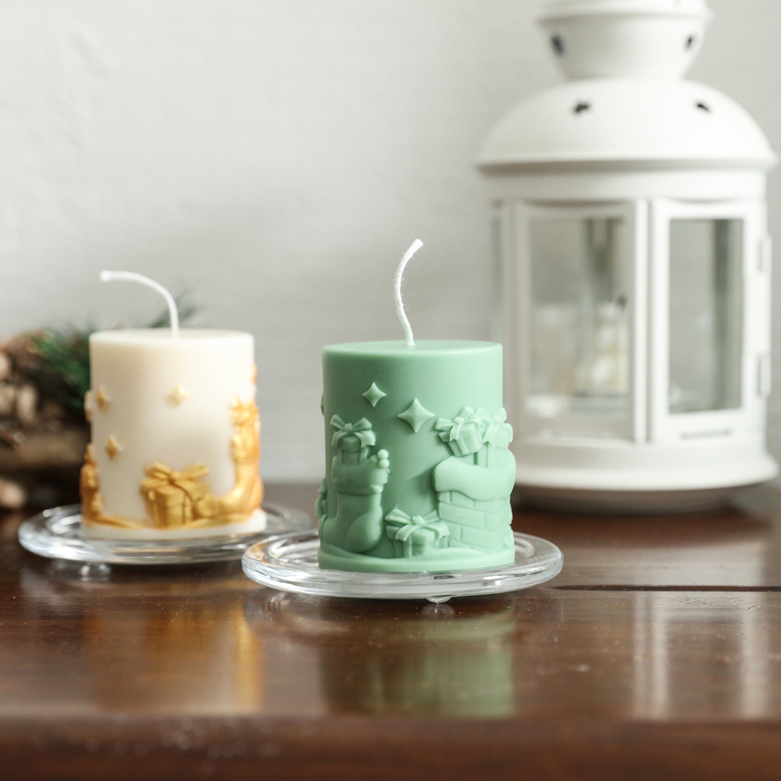 Green and Gold Mica Pink Christmas Gift Pattern Embossed Pillar Candle on Tabletop Crystal Tray - Boowan Nicole