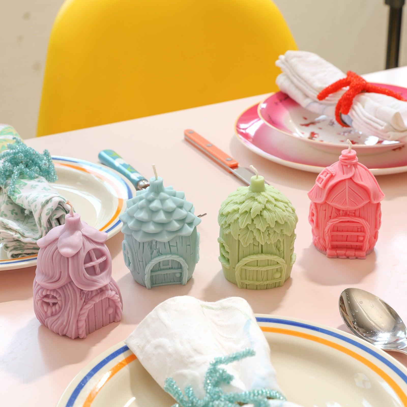Miniature Fairy House Collection Candle in four different designs: purple, blue, green and pink -Boowan Nicole