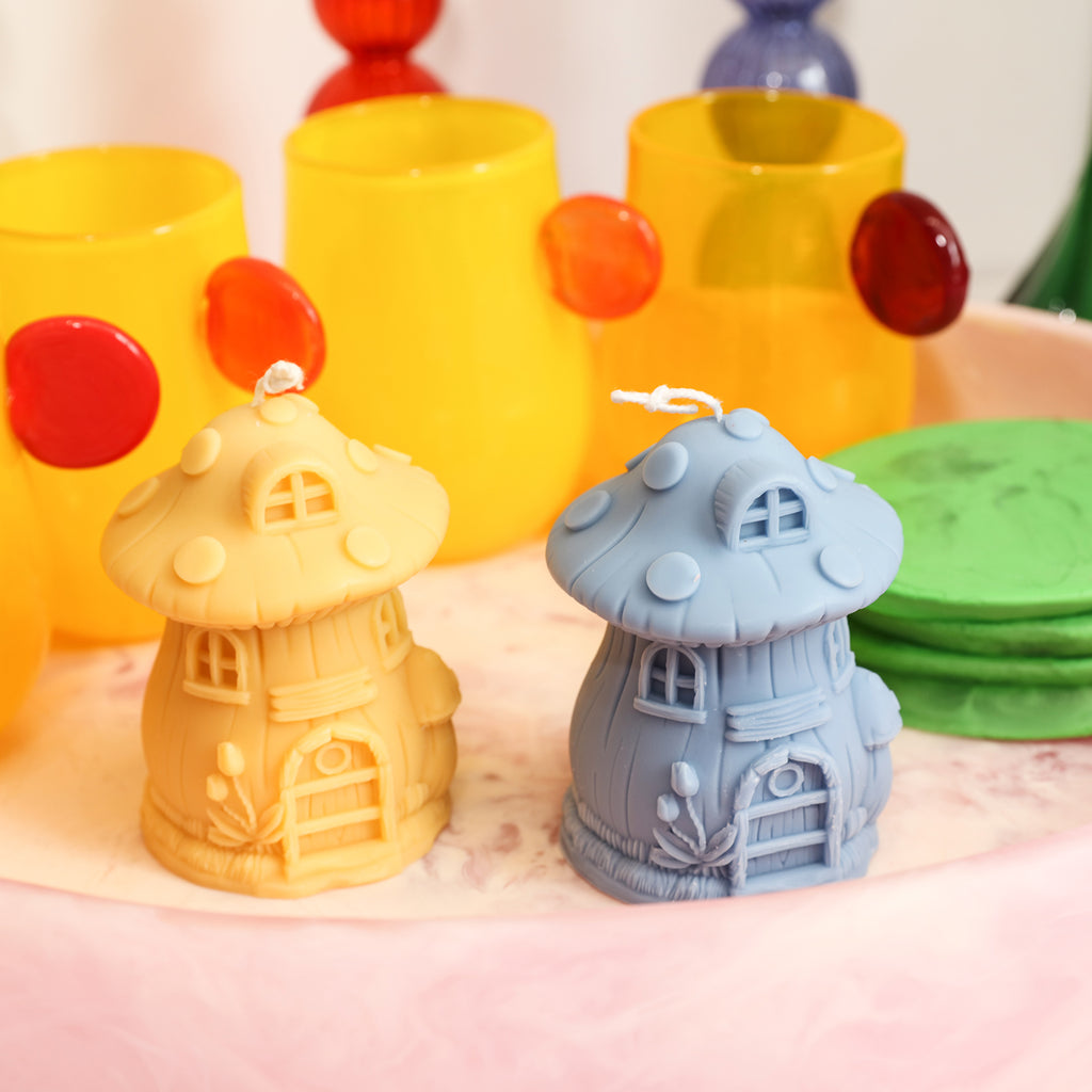 Yellow and blue miniature mushroom house candle -Boowan Nicole