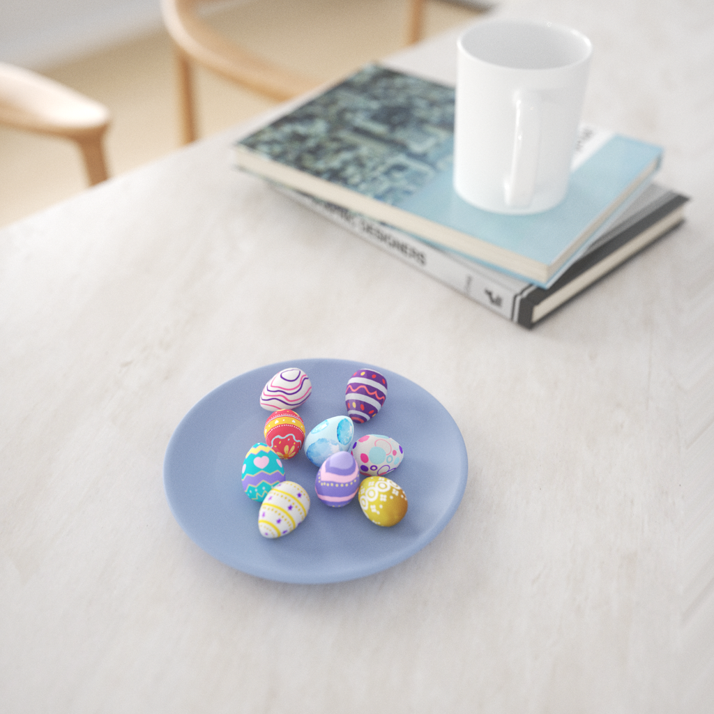 Easter eggs arranged in a blue round tray.