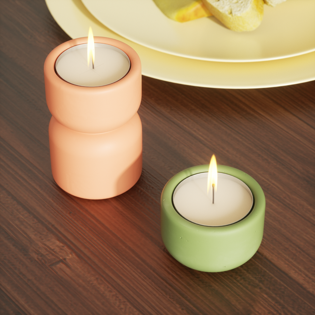  Lit stacked and single-tiered candle holders, warmly illuminating the space.