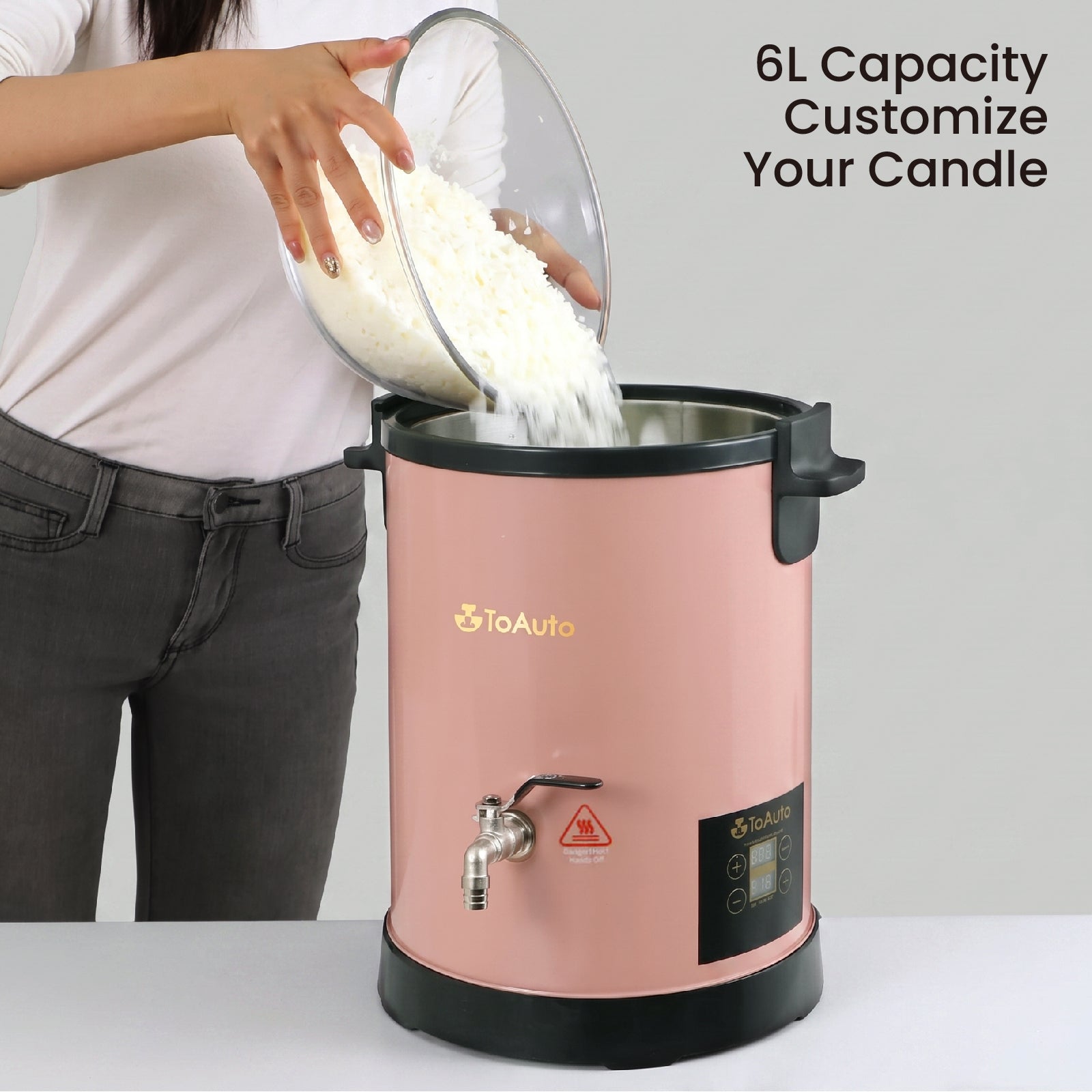 6L large capacity pink digital wax melter, pouring soy wax pellets into stainless steel inner tank home candle batch production demonstration - Boowan Nicole