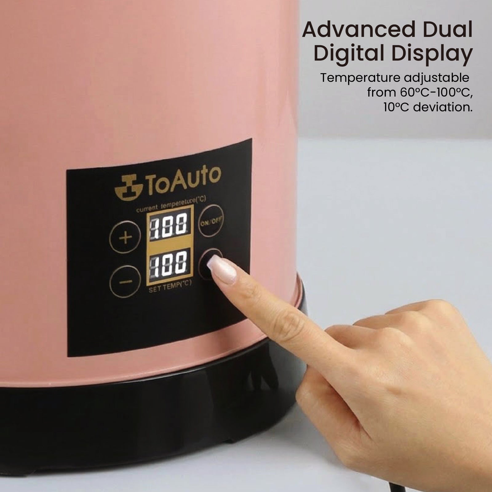 Close-up operation shot of advanced dual digital display control panel on pink ToAuto wax melter, adjustable temperature range 60°C to 100°C - Boowan Nicole