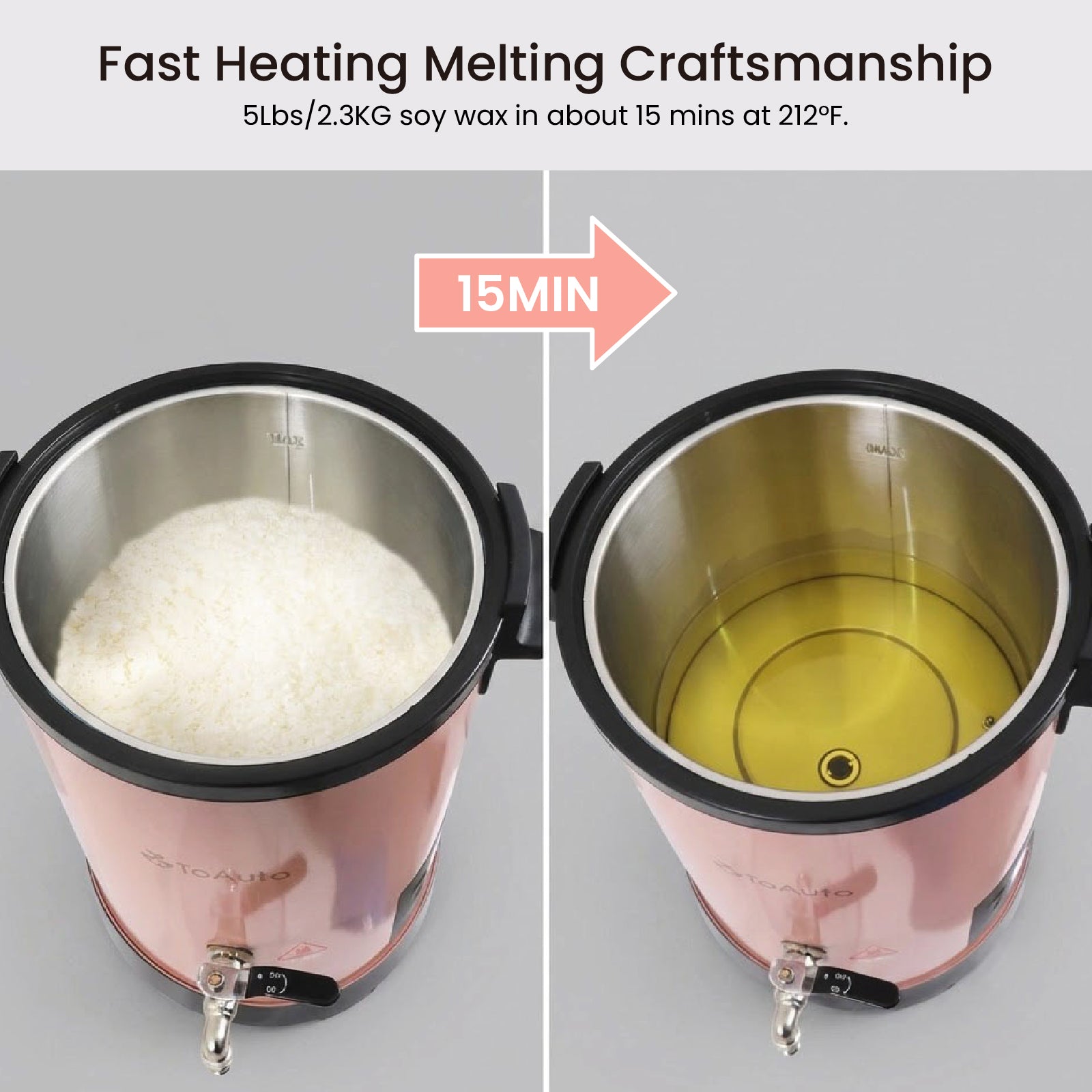 Fast heating comparison collage showing soy wax pellets fully melted into liquid wax within 15 minutes inside 6L pink wax melter high efficiency candle craft tool - Boowan Nicole