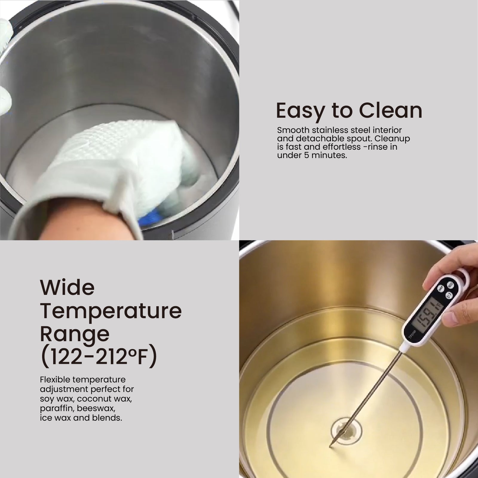 Four-grid feature collage: easy-to-clean smooth stainless steel liner, wide temperature range suitable for multiple wax types electric candle wax melting bucket - Boowan Nicole