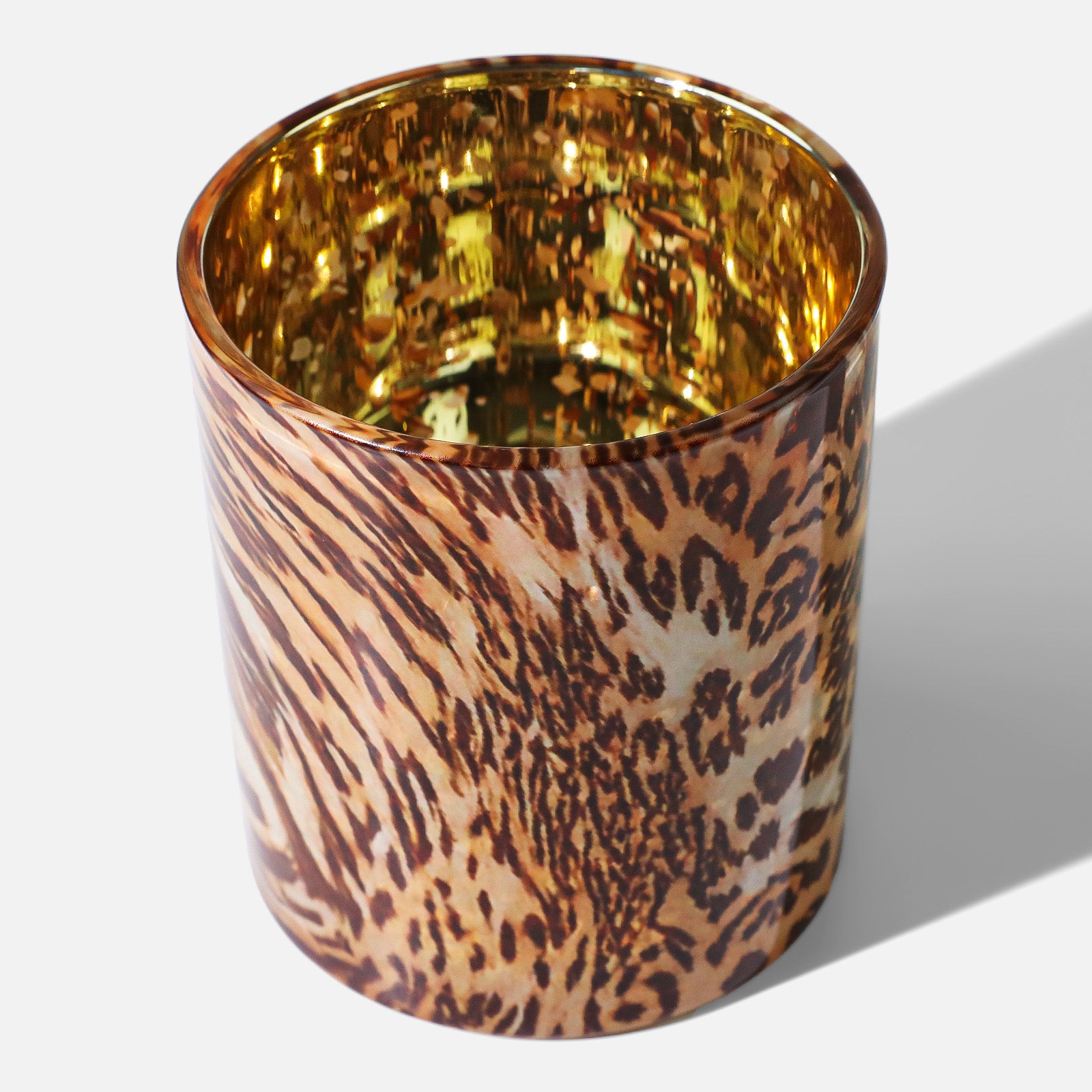 Top View of High-Gloss Mixed Leopard Zebra Print Glass Candle Cup With Speckled Gold Metallic Interior - Boowan Nicole