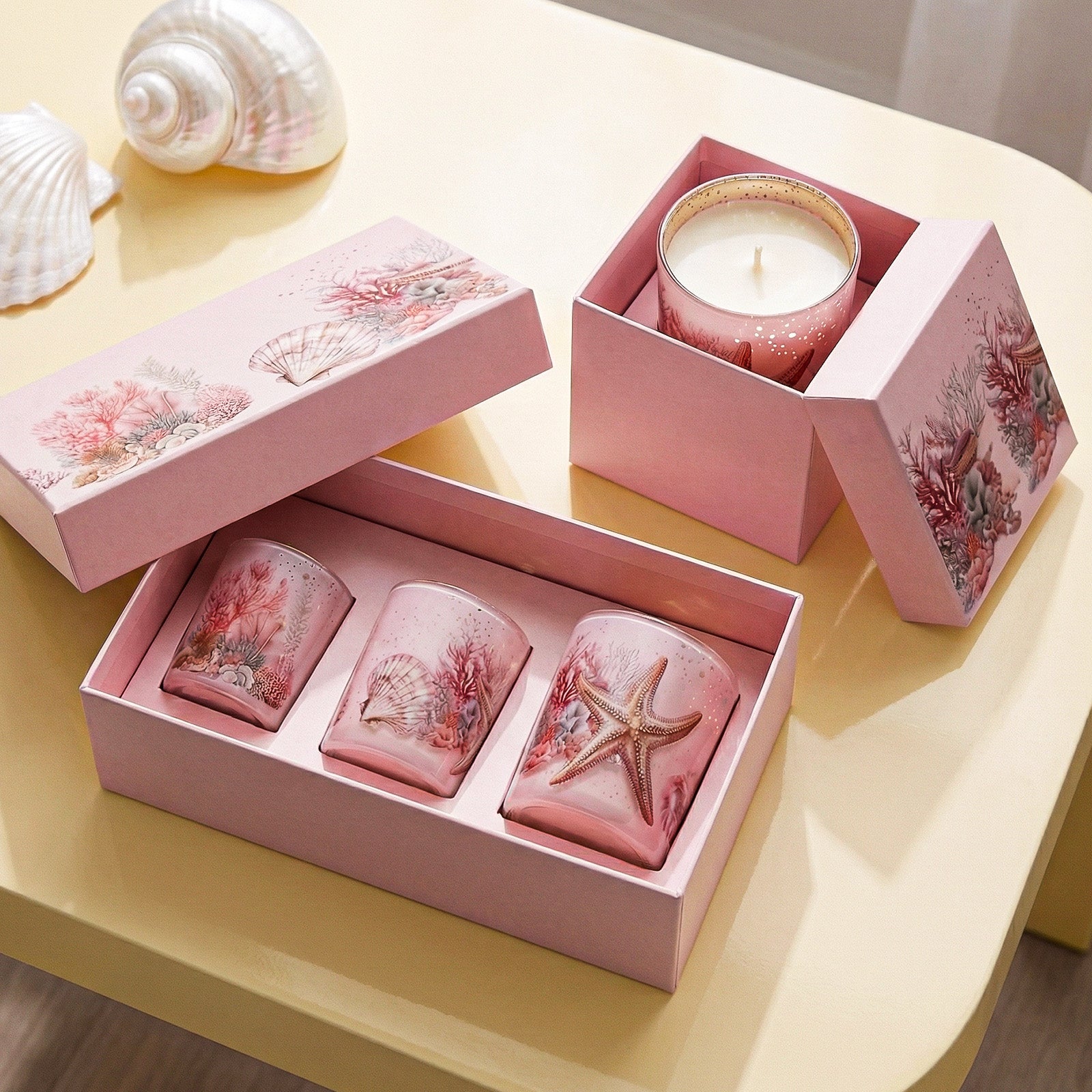 Three-Piece Pink Coral Shell Starfish Candle Jar Set Packed in Matching Printed Gift Box - Boowan Nicole