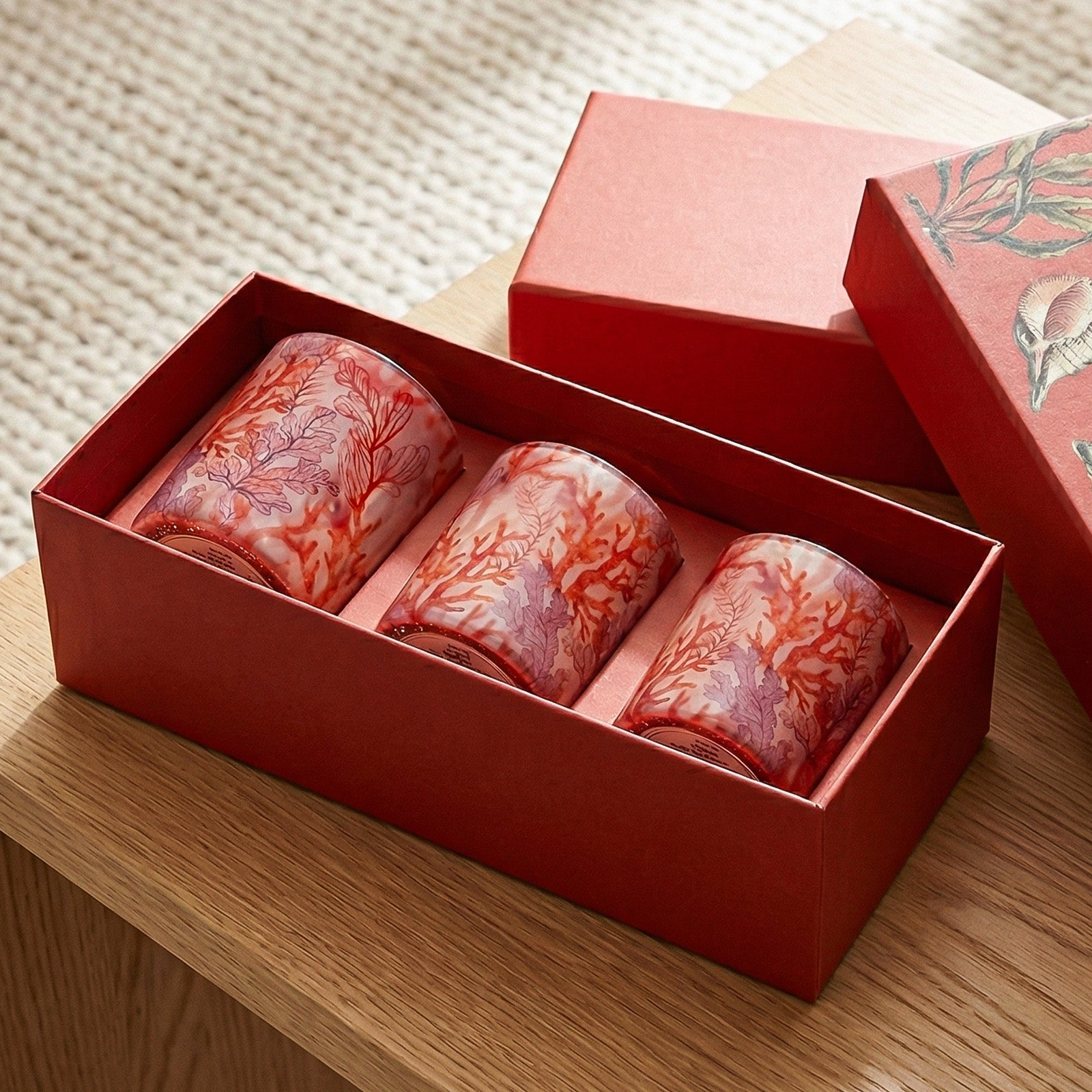 Three-Piece Red Coral Art Candle Jar Collection Packaged in Matching Red Printed Gift Box - Boowan Nicole