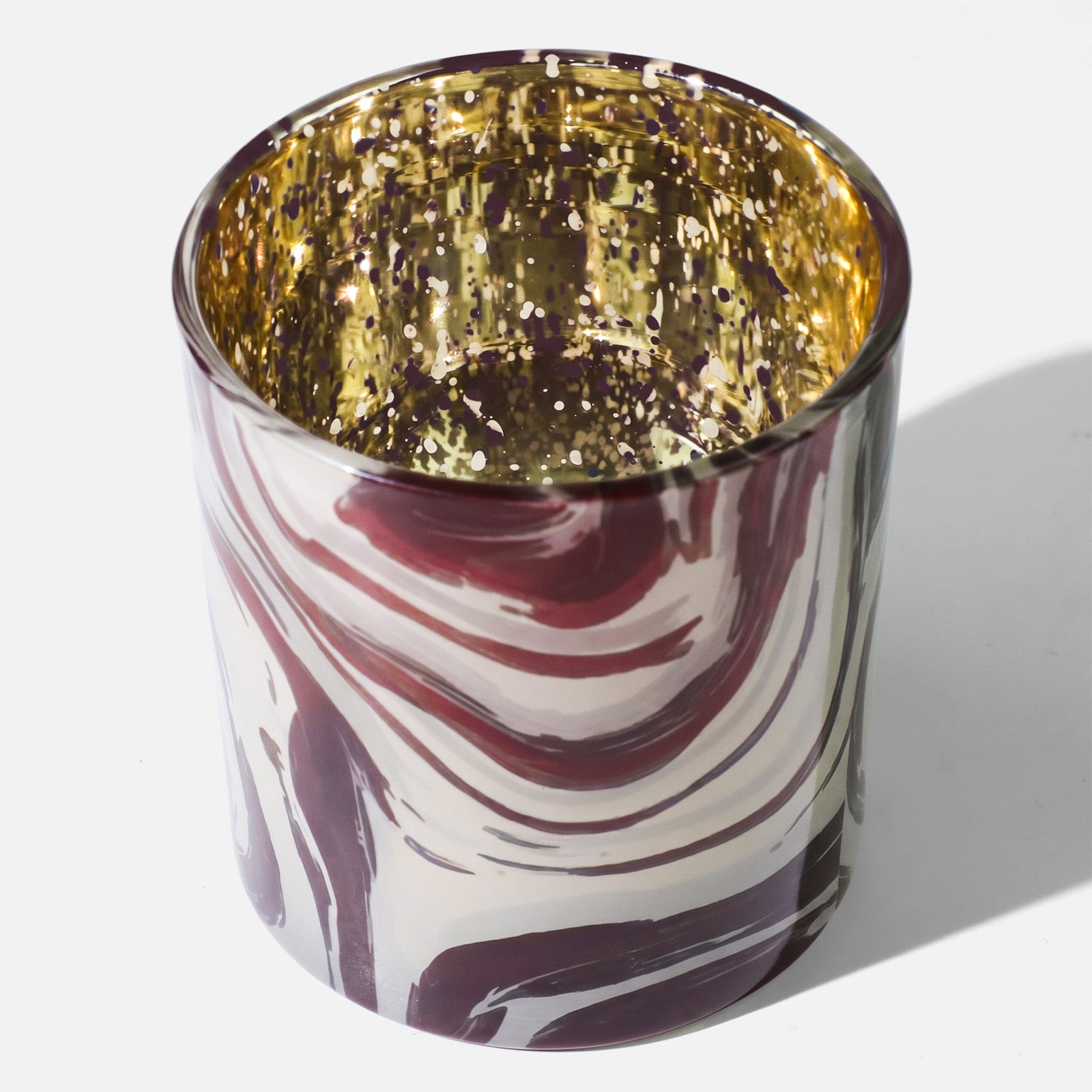 Top View of High-Gloss Burgundy White Marbled Glass Candle Cup With Speckled Gold Metallic Interior - Boowan Nicole